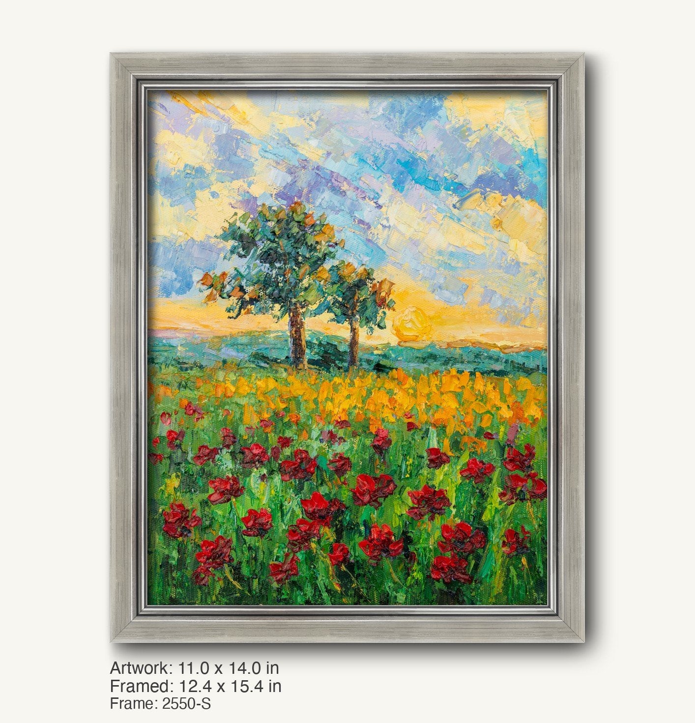 Vertical oil painting of a poppy field at sunset with vibrant red flowers, green grass, and golden sky, framed in a sleek silver-toned modern slim frame