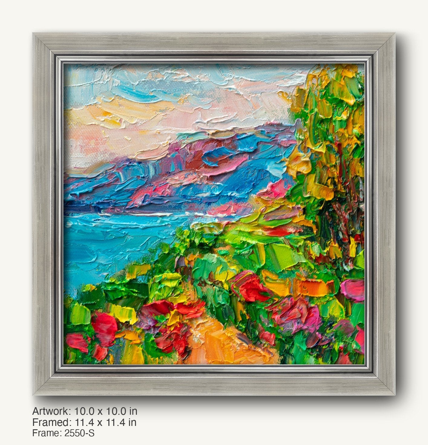 Vibrant coastal garden landscape in impasto oil painting with bold red, green, and blue hues, framed in a sleek silver-toned modern slim frame