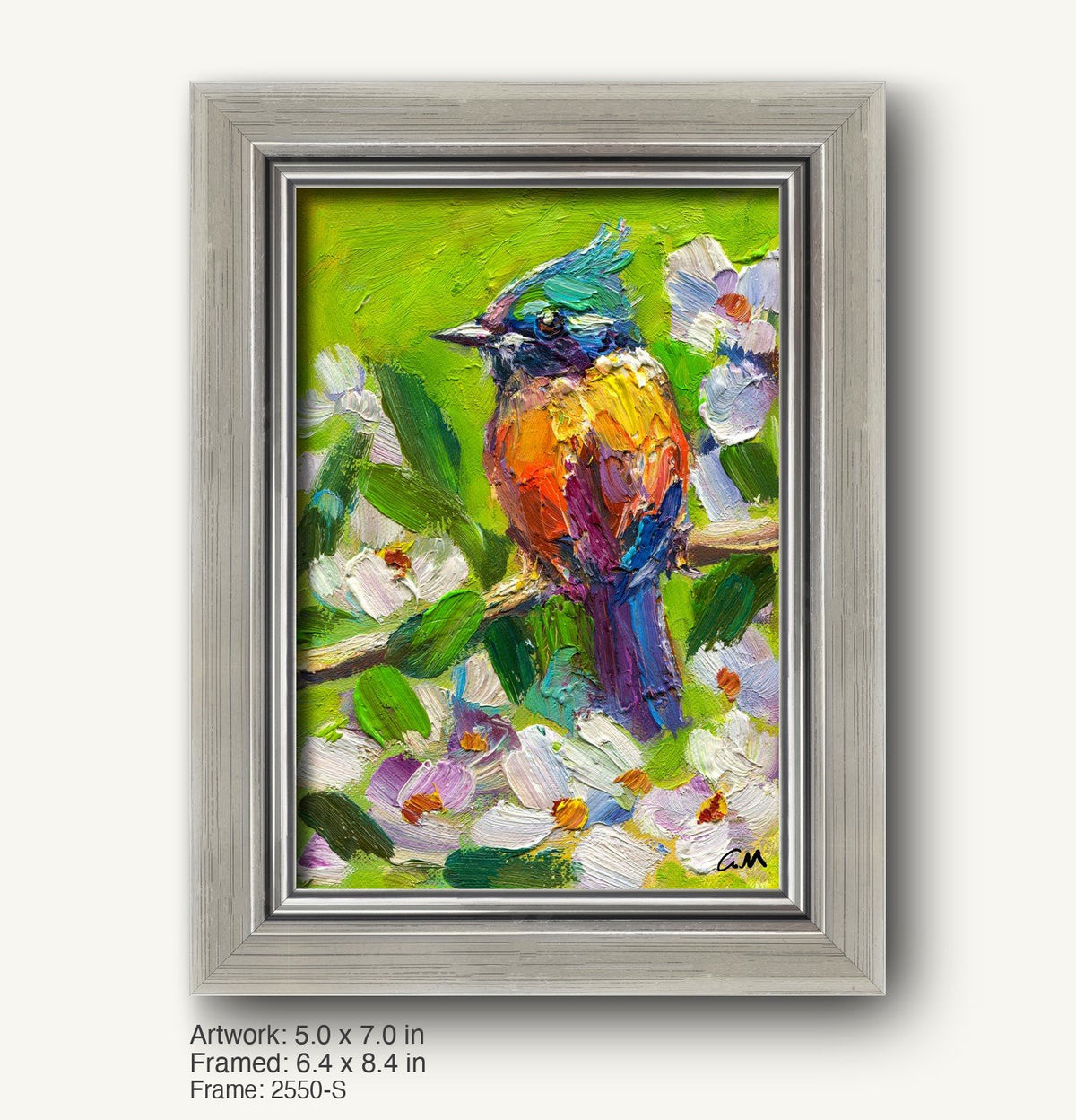 Vibrant oil painting of a colorful bird perched among flowers, framed in a sleek silver-gray modern slim frame with subtle texture and clean inner edge