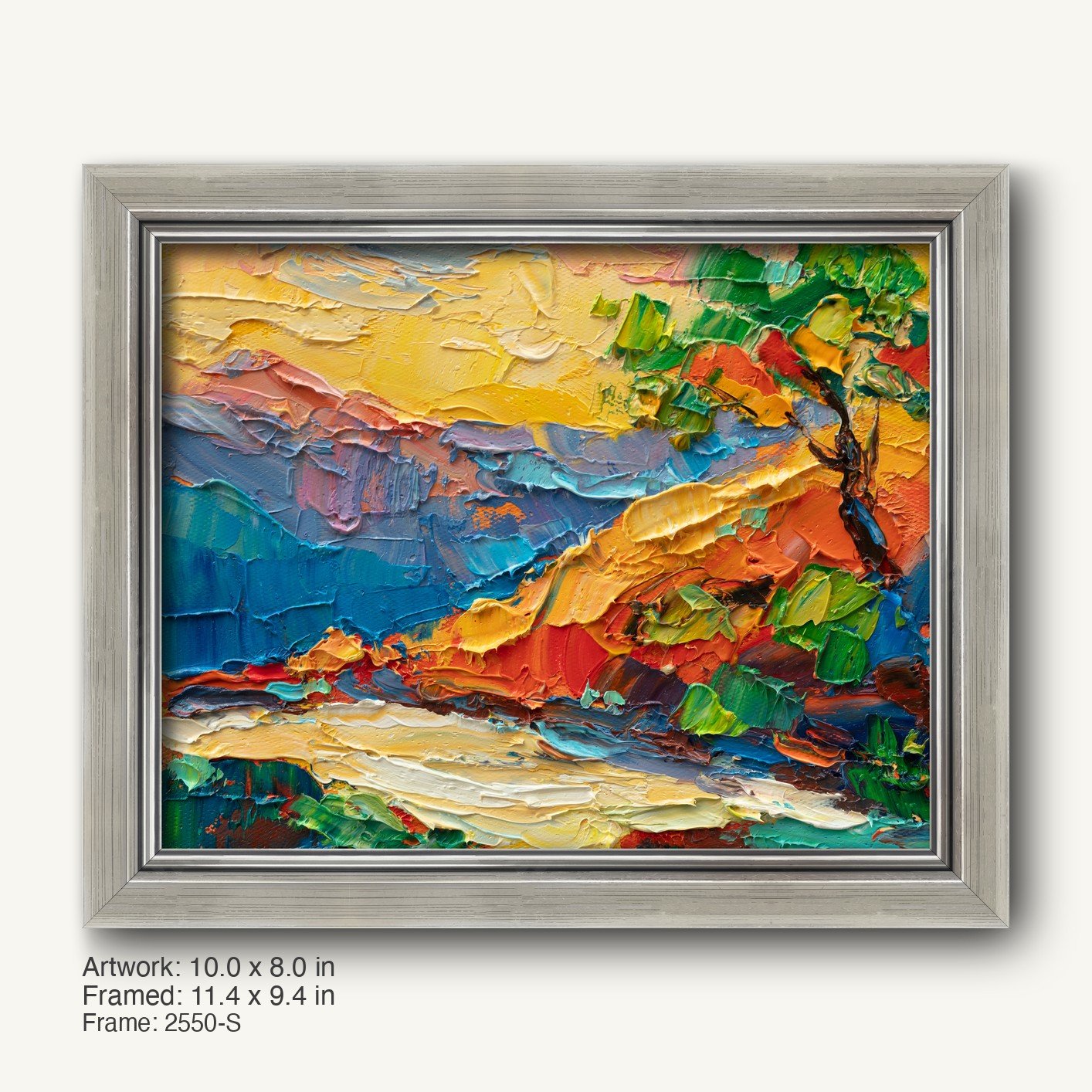 Expressive landscape oil painting by George Miller in a cool silver modern slim frame, featuring bold colors and textured brushwork on canvas
