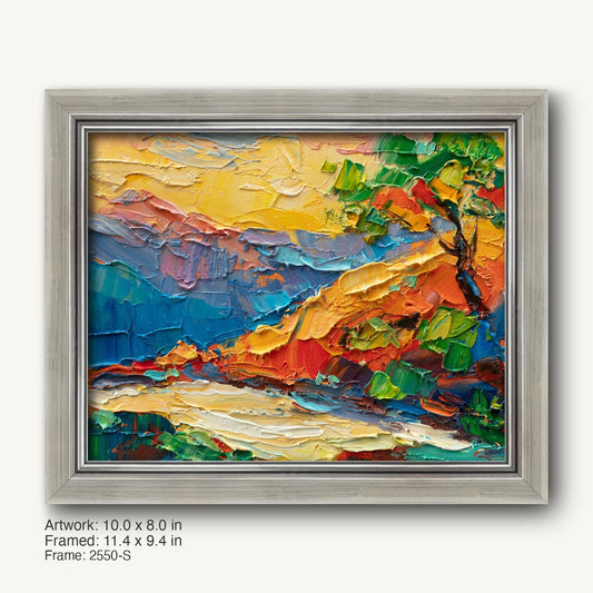 Expressive landscape oil painting by George Miller in a cool silver modern slim frame, featuring bold colors and textured brushwork on canvas