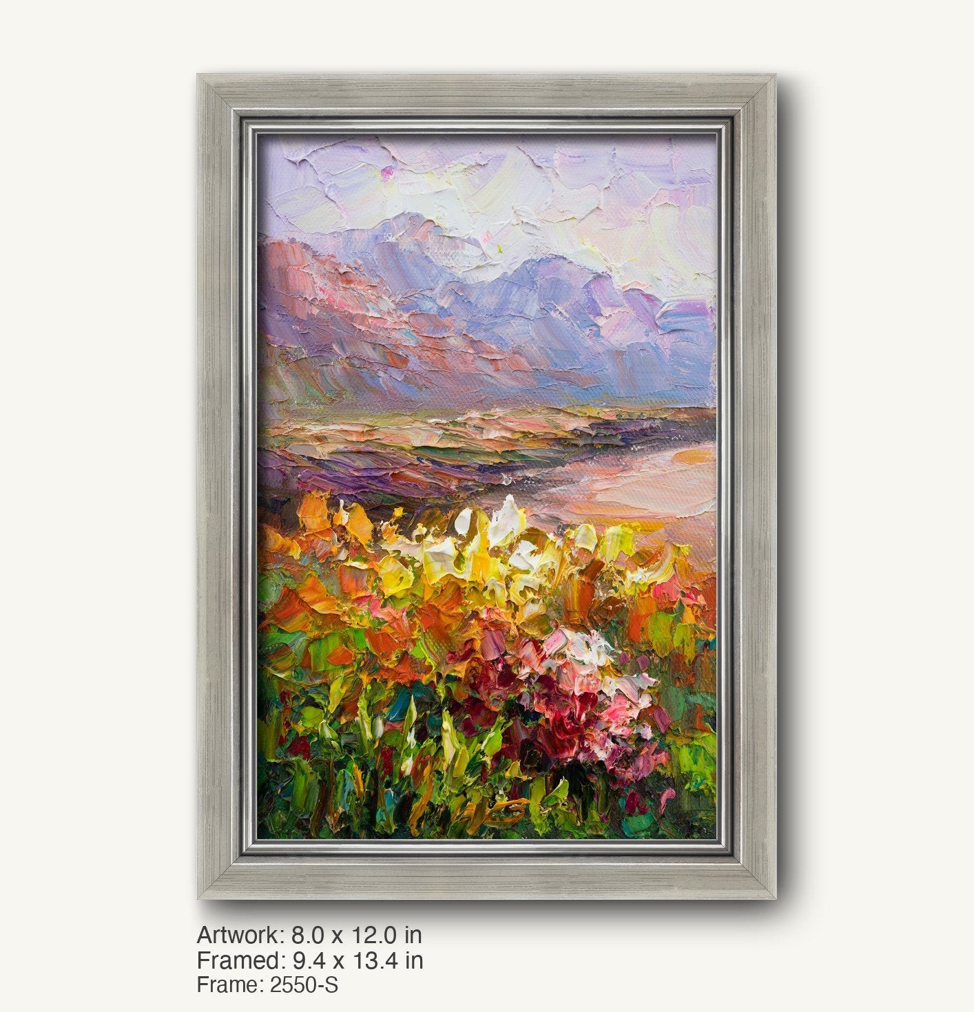 Vertical oil painting of a floral field at dusk with vibrant flowers and distant mountains, framed in a sleek silver-gray modern slim frame