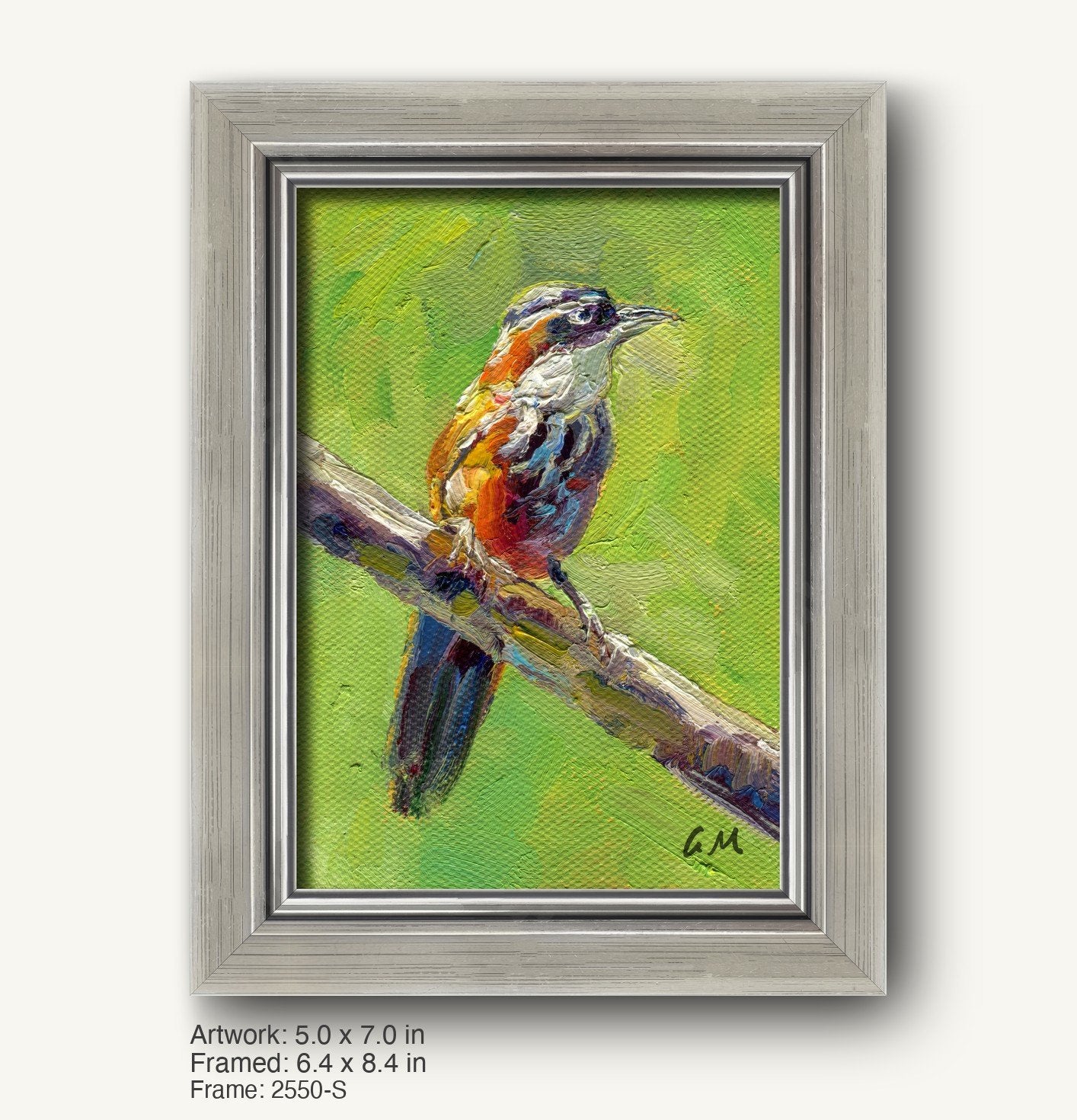 Impressionist oil painting of a colorful bird perched on a branch, framed in a sleek silver-gray modern slim frame with subtle texture and beveled edges