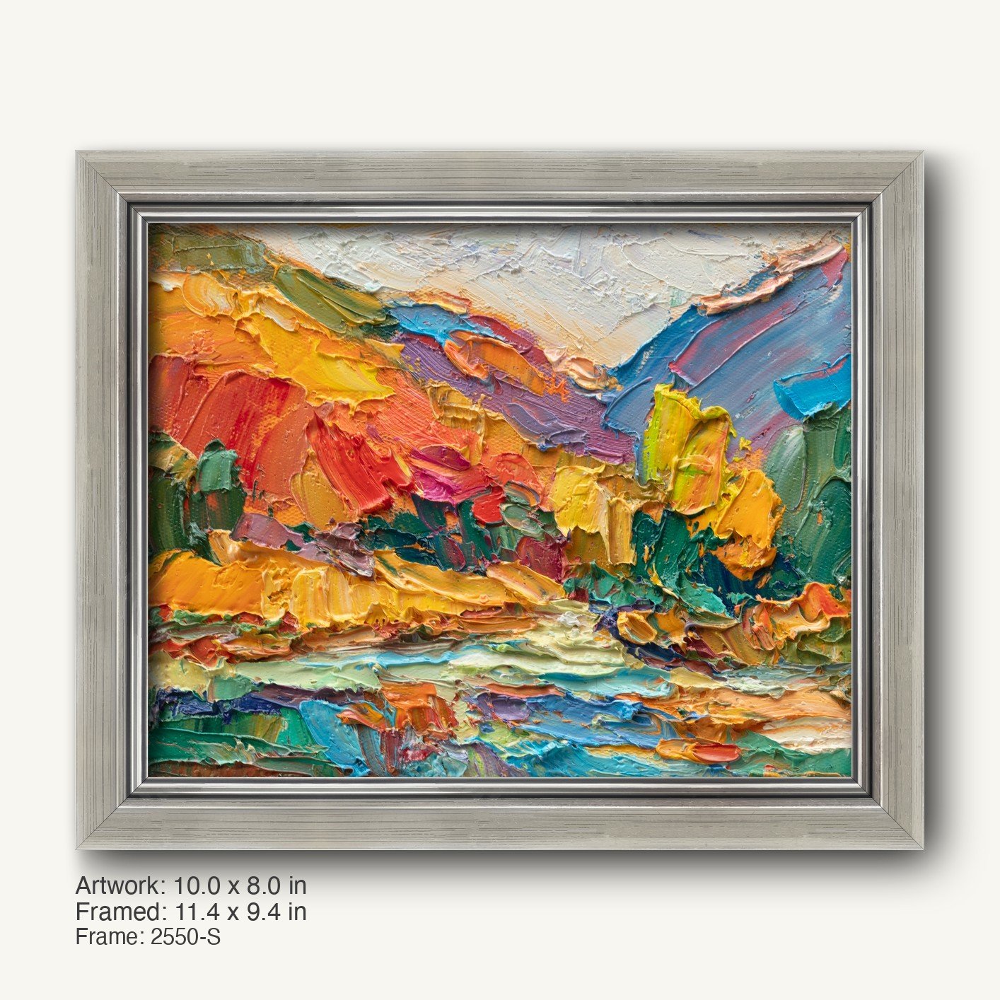 Vibrant abstract landscape oil painting in a modern slim silver frame, featuring bold red, yellow, blue, and green textures on canvas