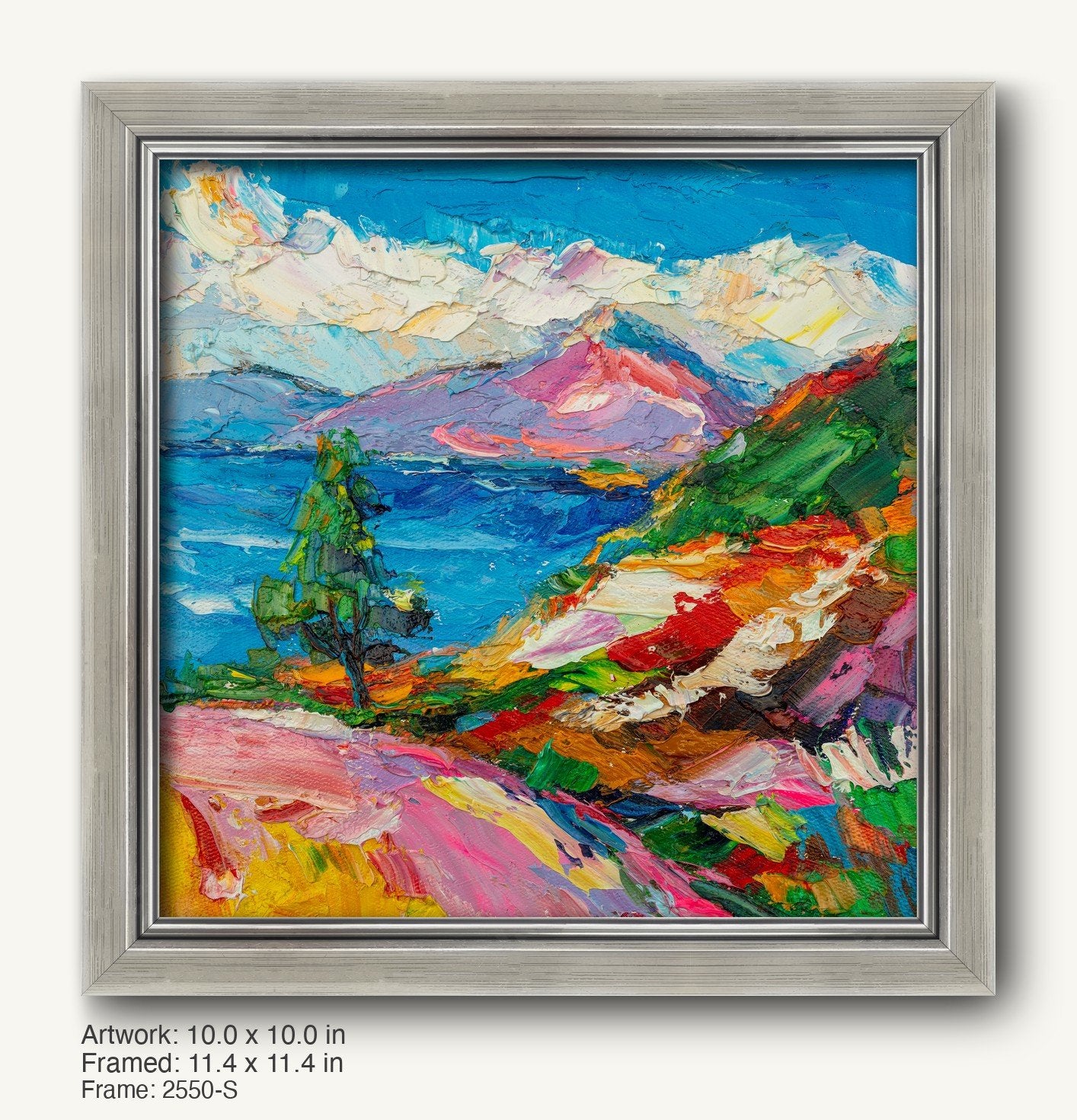 Vibrant mountain lake landscape painting in a cool silver modern slim frame, featuring bold expressionist brushstrokes and rich blues, greens, and reds on canvas