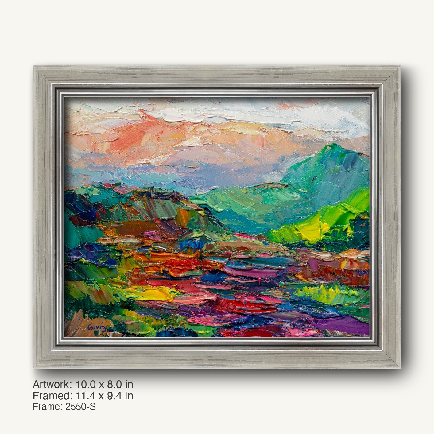 Vibrant expressionist mountain landscape painting in a cool silver modern slim frame, featuring bold green, blue, and red hues on canvas with visible texture and artist signature