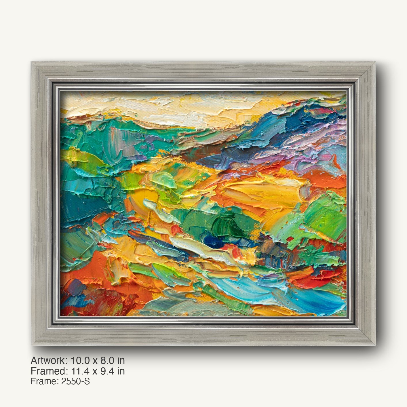Abstract landscape oil painting with vibrant impasto texture in a cool silver modern slim frame, horizontal composition on canvas