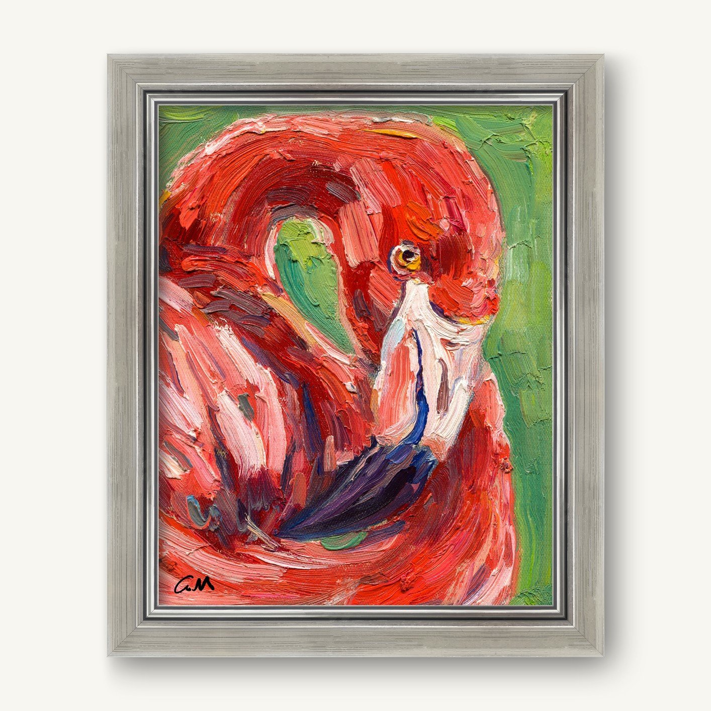 Vibrant hand-painted flamingo portrait in silver frame, oil on canvas, expressive brushwork with red, green, and white tones, signed by artist