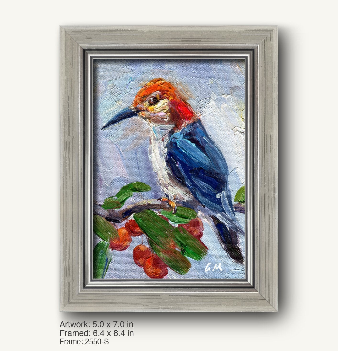 Hand-painted woodpecker in cool silver frame, vertical canvas with textured oil paint, perched on branch with red berries, initialed GM