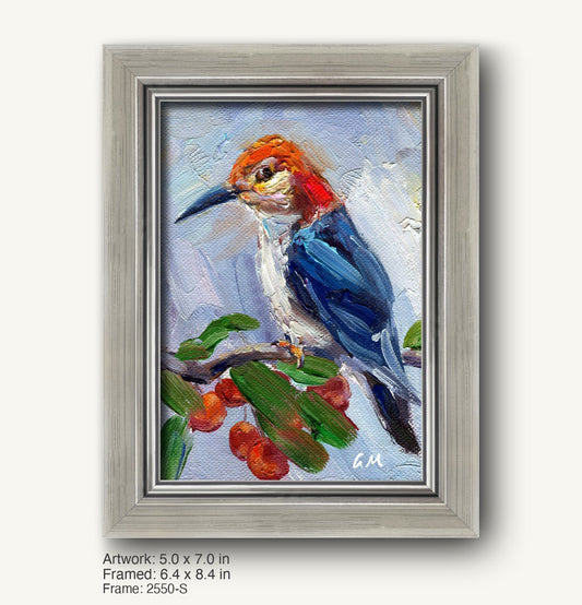 Hand-painted woodpecker in cool silver frame, vertical canvas with textured oil paint, perched on branch with red berries, initialed GM