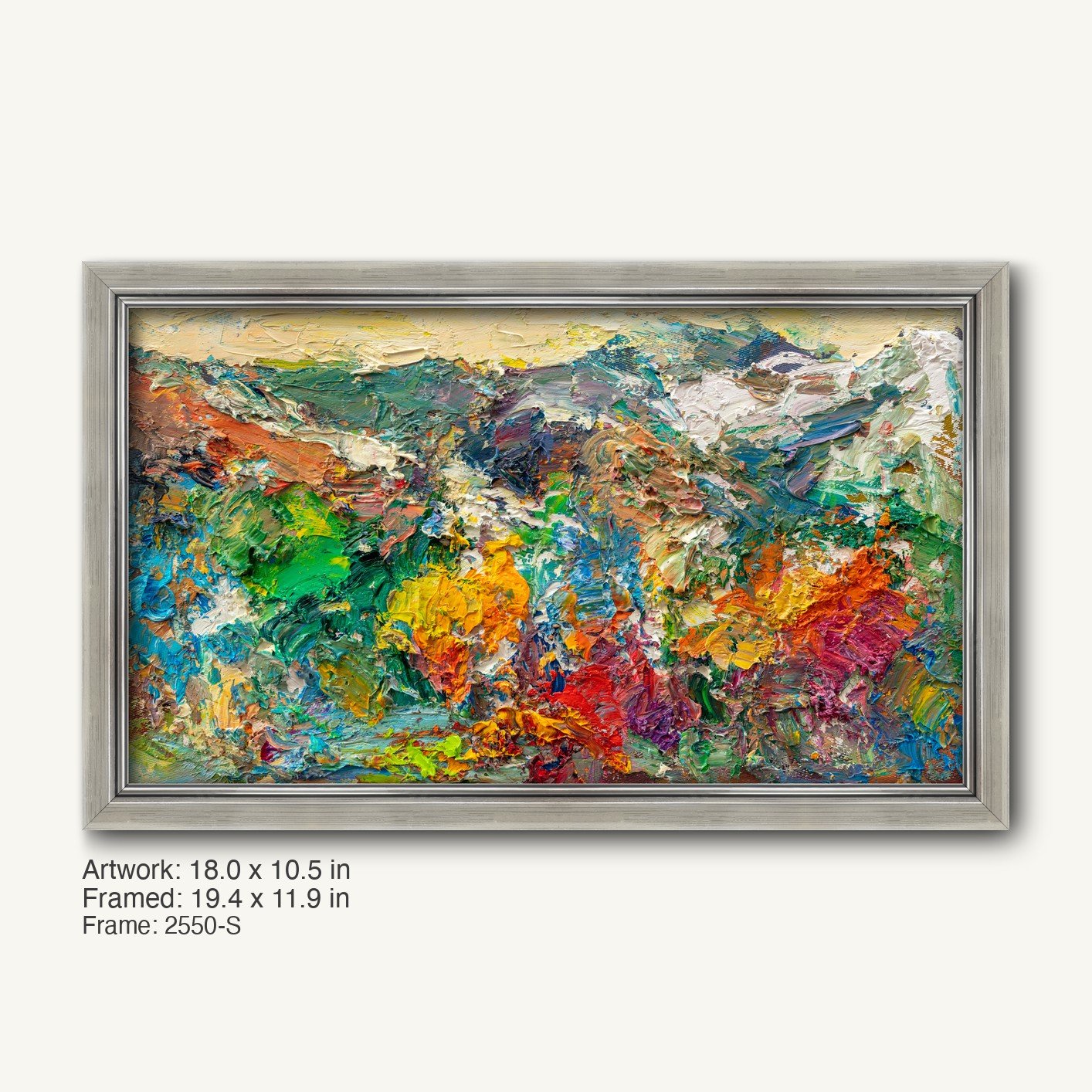 Hand-painted abstract landscape in a cool silver modern slim frame, featuring vibrant textured oil paint in greens, reds, yellows, and blues on canvas
