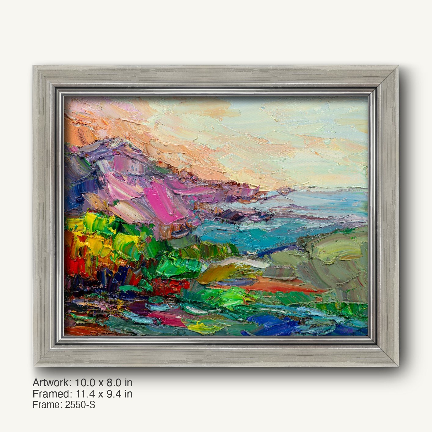 Abstract coastal landscape oil painting in a cool silver modern slim frame, featuring vibrant blues, greens, and pinks with textured brushwork on canvas