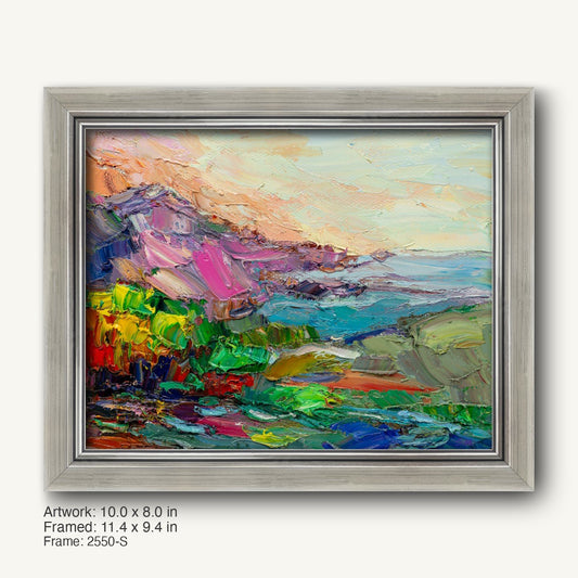 Abstract coastal landscape oil painting in a cool silver modern slim frame, featuring vibrant blues, greens, and pinks with textured brushwork on canvas