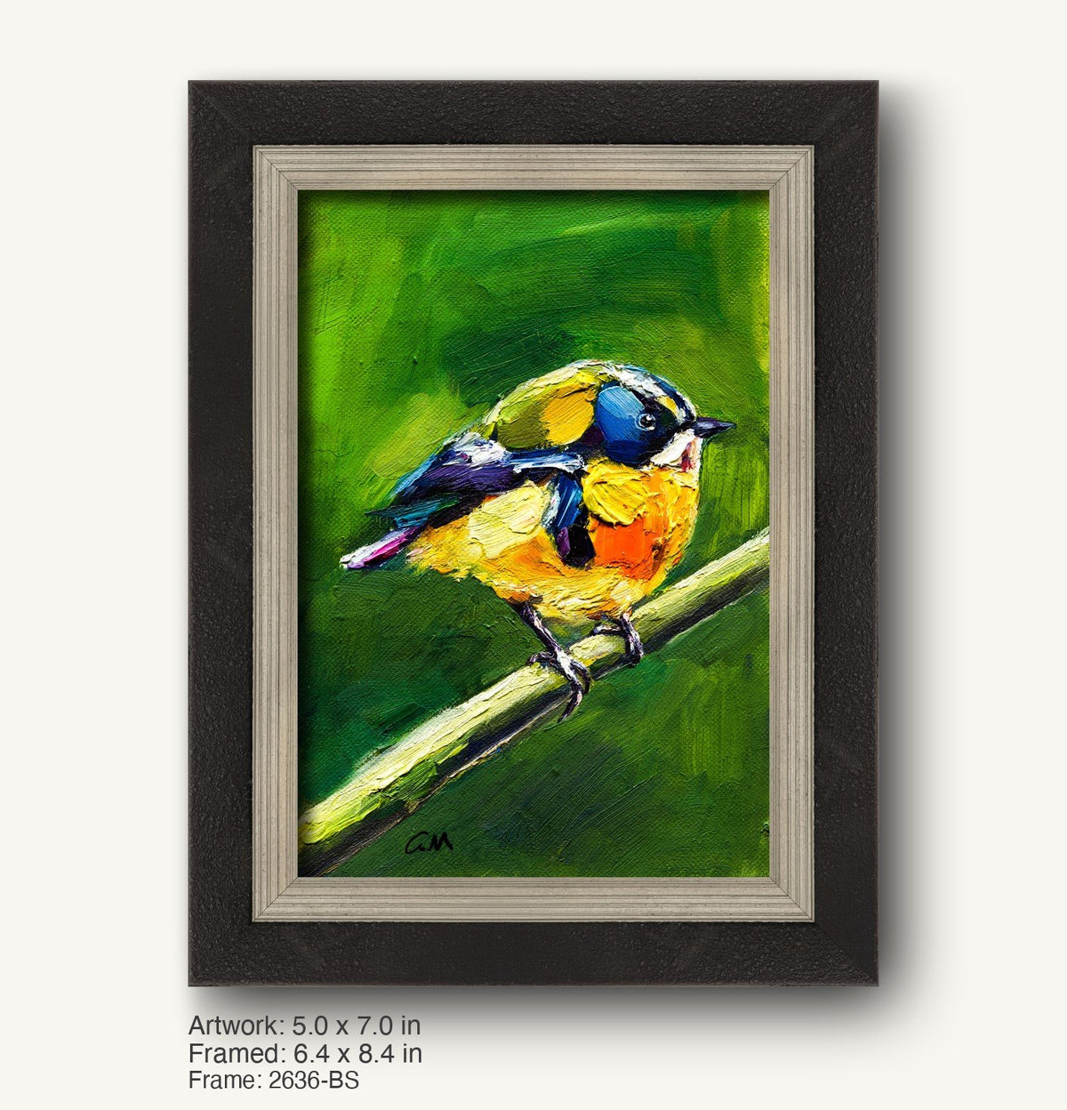 Vibrant hand-painted bird perched on a branch, set in a dark wood frame with a silver inner liner, showcasing rich green, yellow, and blue tones in an impressionistic style
