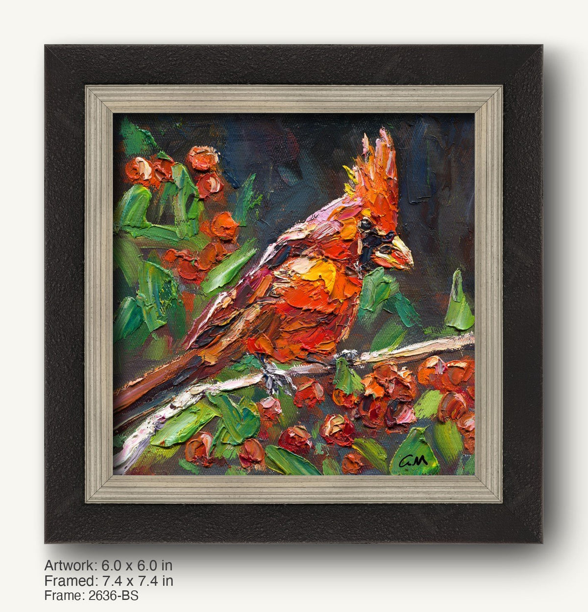 Vibrant oil painting of a cardinal bird perched on a branch with red berries, framed in a dark wood frame with a silver inner liner, showcasing rich textures and bold colors.