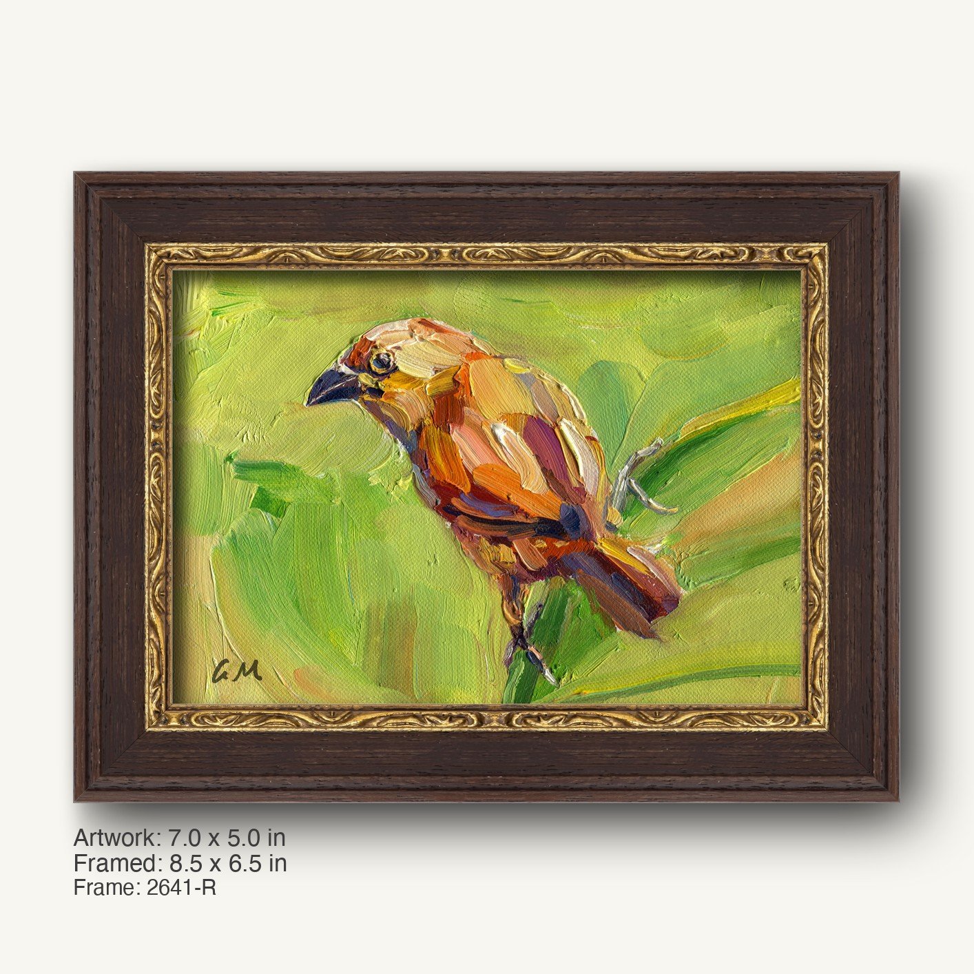 Original oil painting of a bird in warm earth tones on canvas, framed in dark wood with ornate gold inner border, horizontal composition