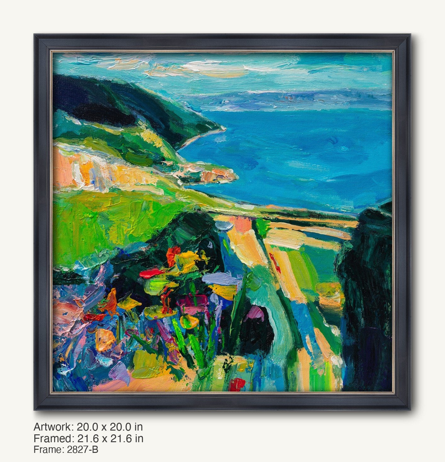 Impasto coastal landscape painting in a dark wood frame with silver inner edge, featuring vibrant blues, greens, and yellows on canvas