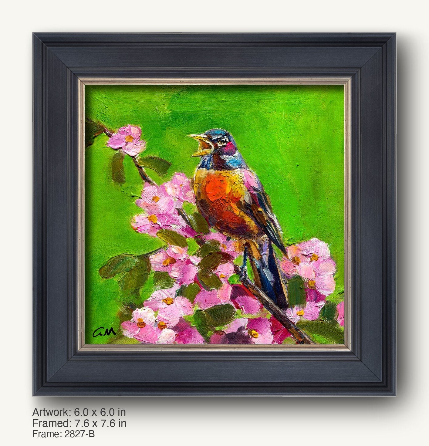 Hand-painted robin perched on blooming pink flowers against a vibrant green background, framed in a dark wood frame with a classic profile and silver inner liner