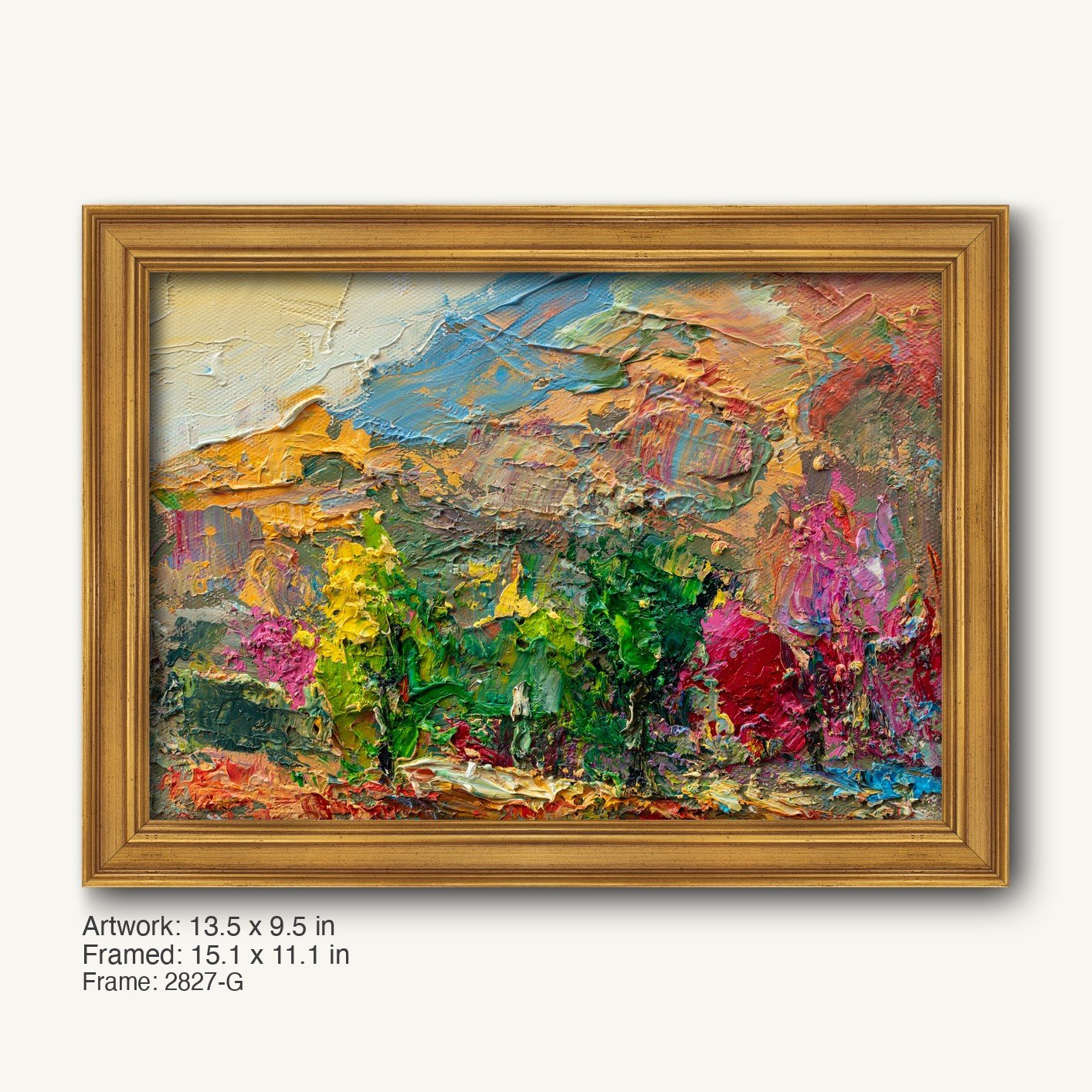 Vibrant abstract landscape painting in warm gold ornate frame, featuring thick impasto oil strokes of green, yellow, and red on canvas, displayed horizontally