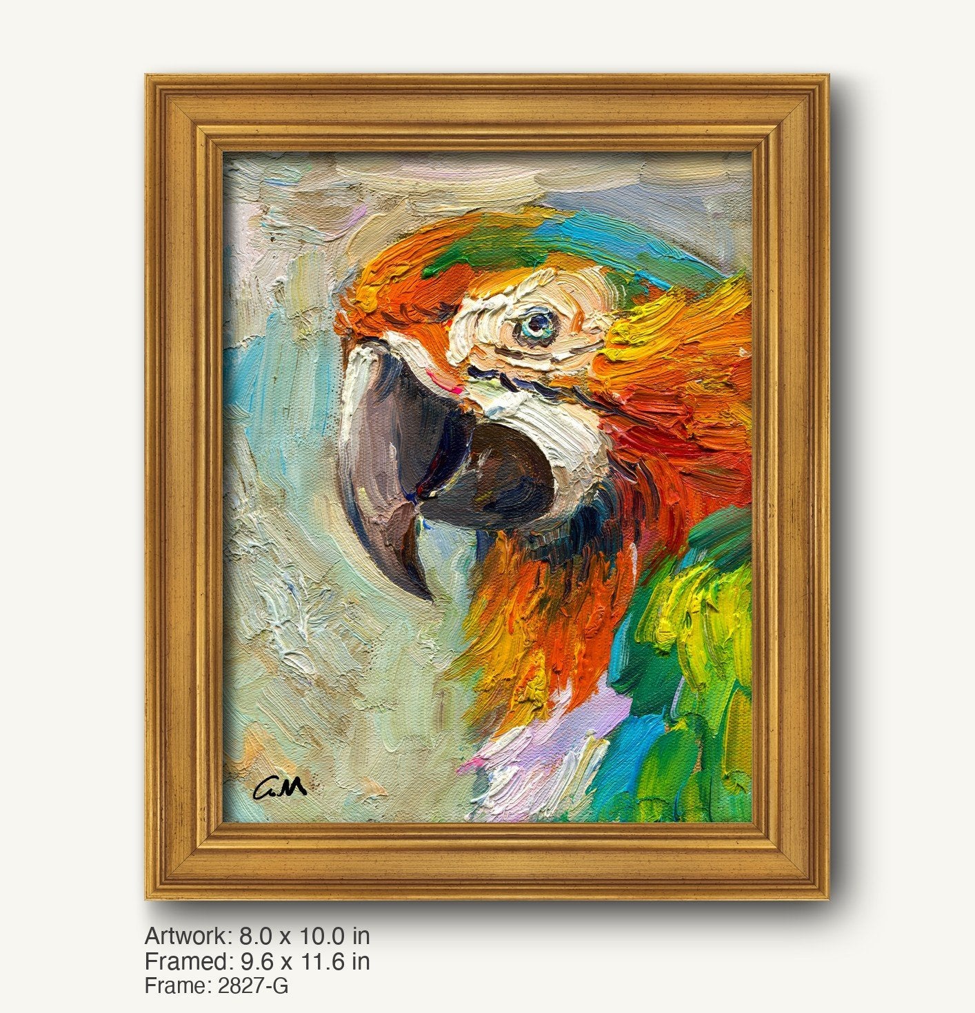Vibrant oil painting of a macaw in warm gold frame, vertical composition with textured brushwork and bold orange, green, blue colors