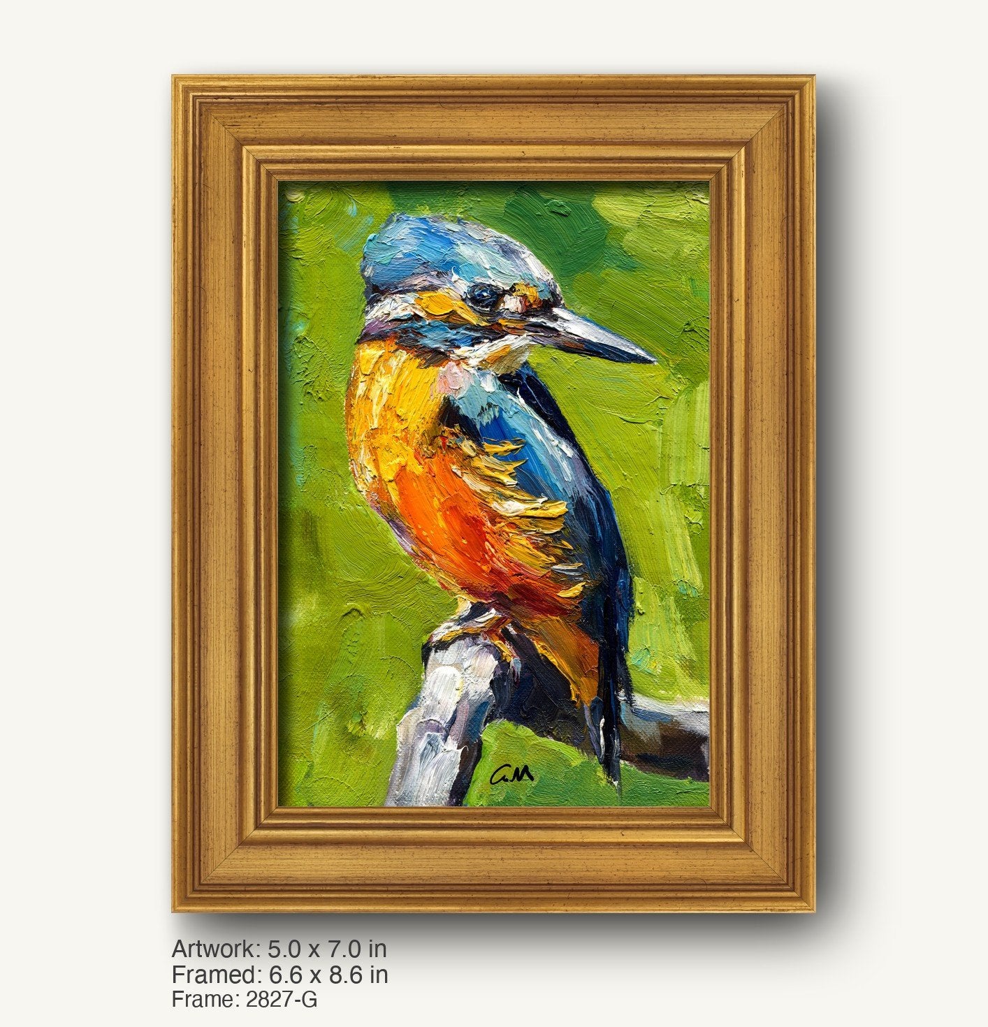 Vibrant oil painting of a kingfisher bird perched on a branch, framed in warm gold wood with classic profile, set against green textured background