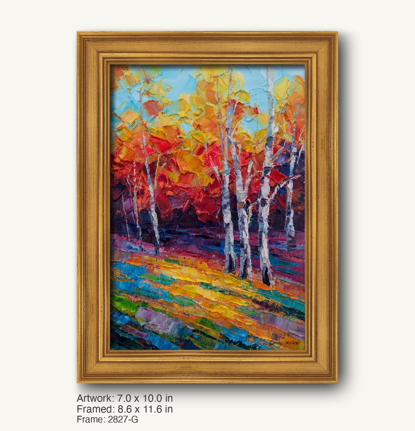 Vibrant autumn birch forest oil painting in warm gold ornate frame, vertical canvas with expressive red, yellow, and blue hues, signed by artist