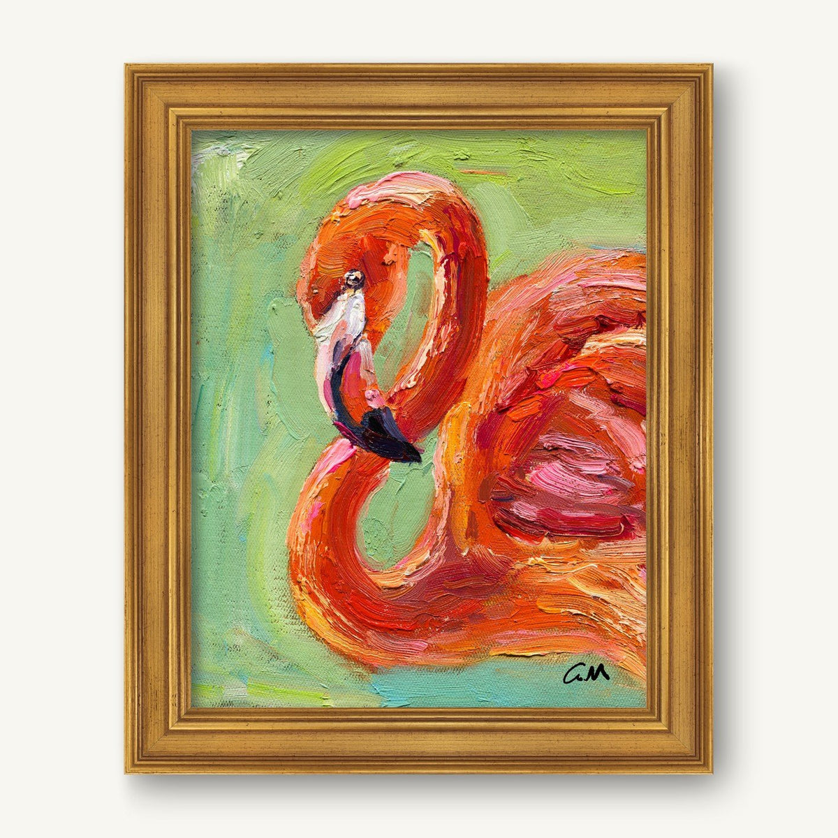 Vibrant oil painting of a flamingo in expressive impasto style, framed in gold, featuring bold red and pink hues against a green background