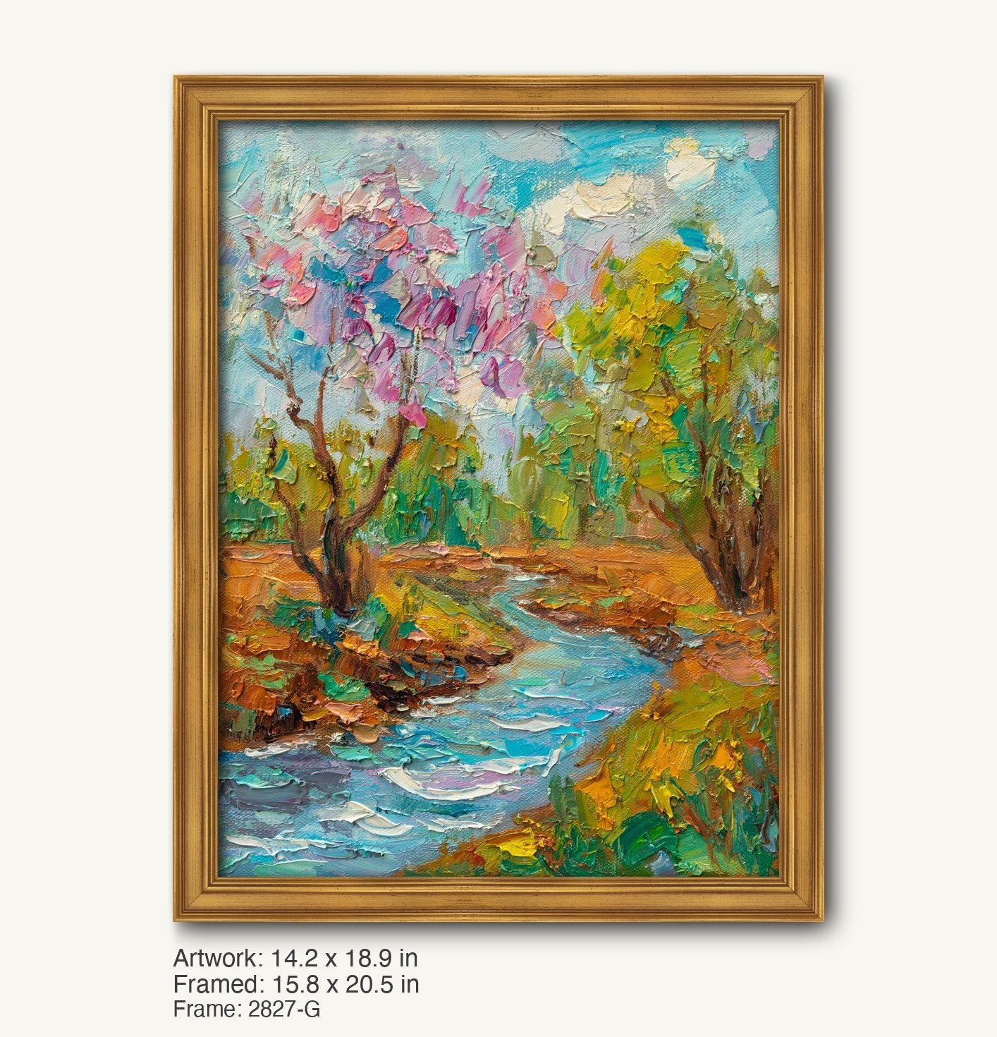 Vertical oil painting of a spring stream with blooming trees in a warm gold ornate frame, showcasing impressionistic brushwork and vibrant colors