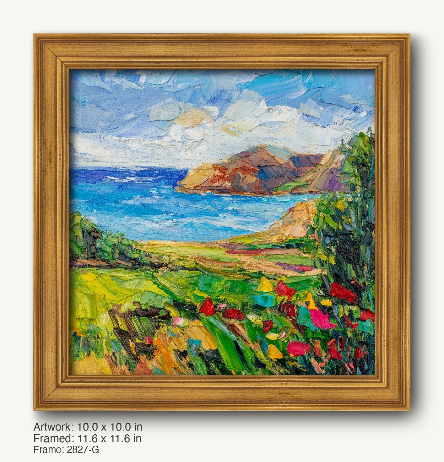 Vibrant coastal landscape oil painting in warm gold ornate frame, featuring rolling green hills, blue ocean, and distant cliffs under a dynamic sky