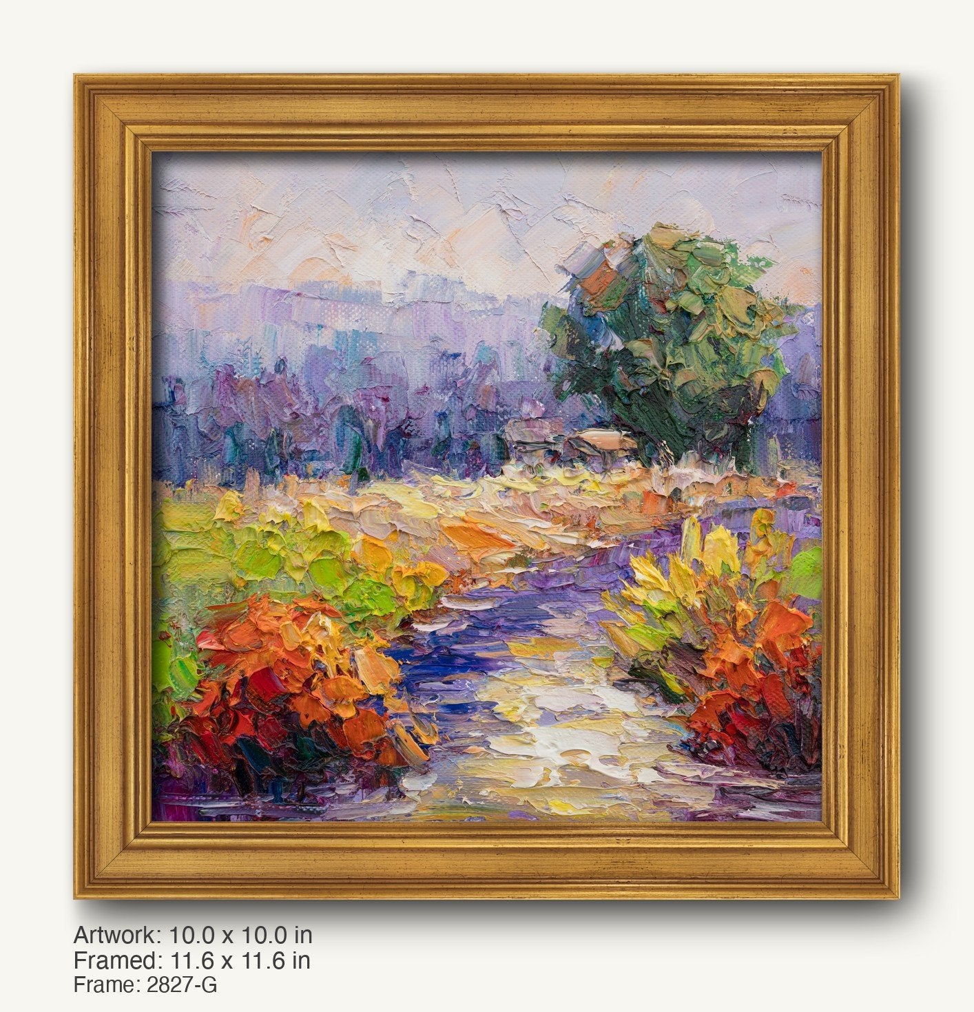 Impressionist landscape painting of a garden path with vibrant flowers and trees, framed in a warm gold ornate frame with classic profile