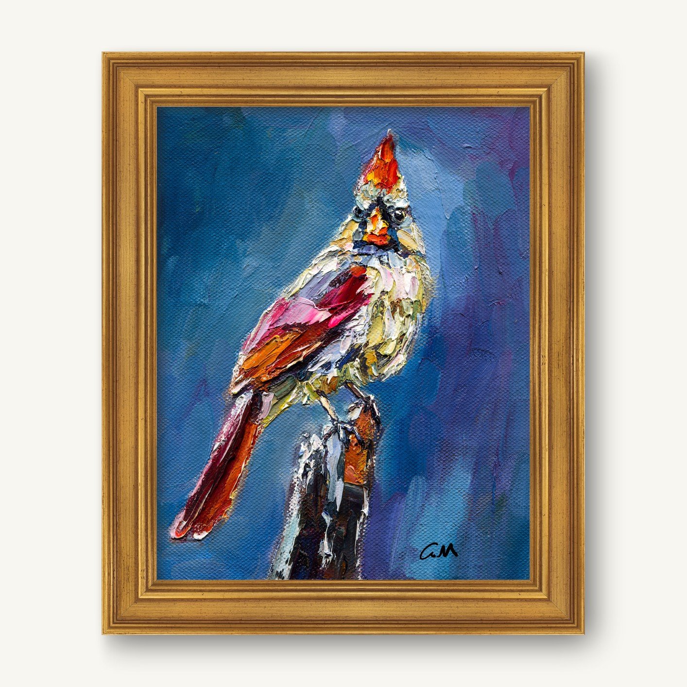 Expressive oil painting of a red cardinal perched on a branch, framed in gold, vibrant colors against a deep blue background