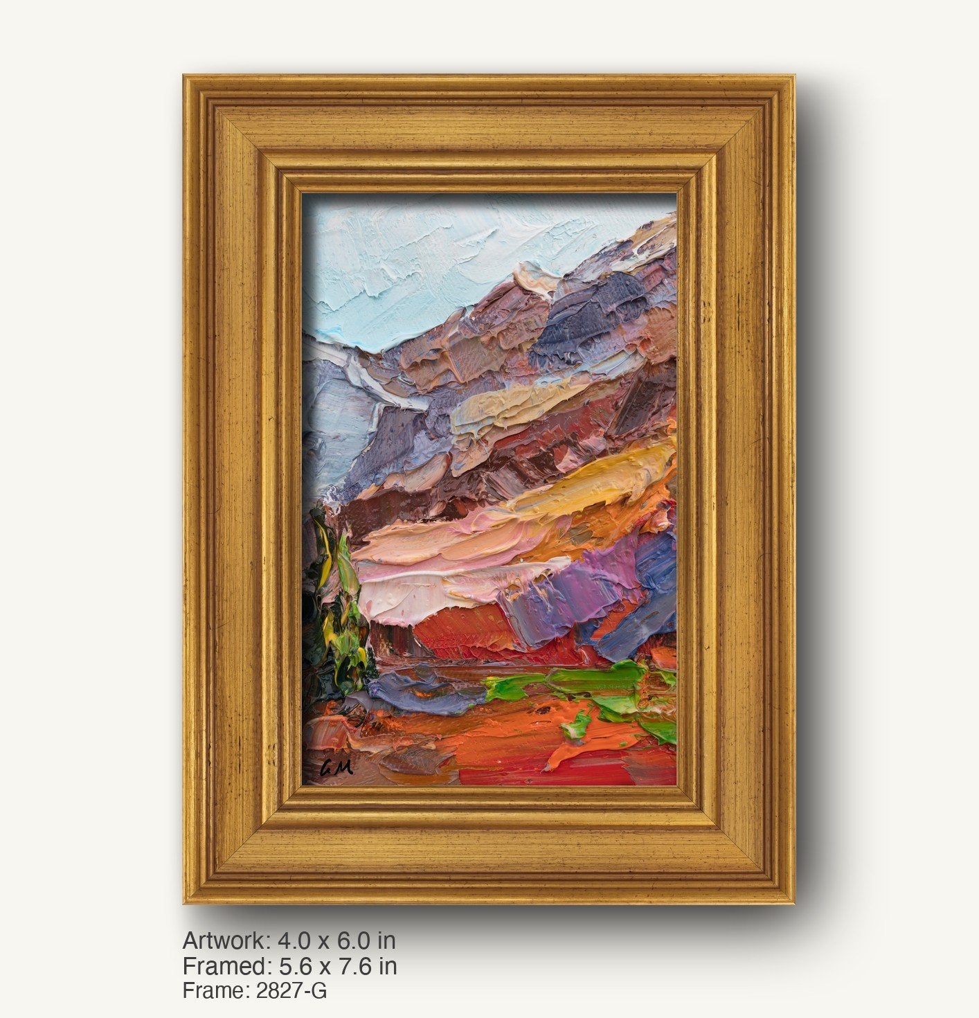 Vertical oil painting of a vibrant canyon landscape in warm reds, oranges, and blues, framed in a classic gold-toned wooden frame with subtle texture and beveled edges.