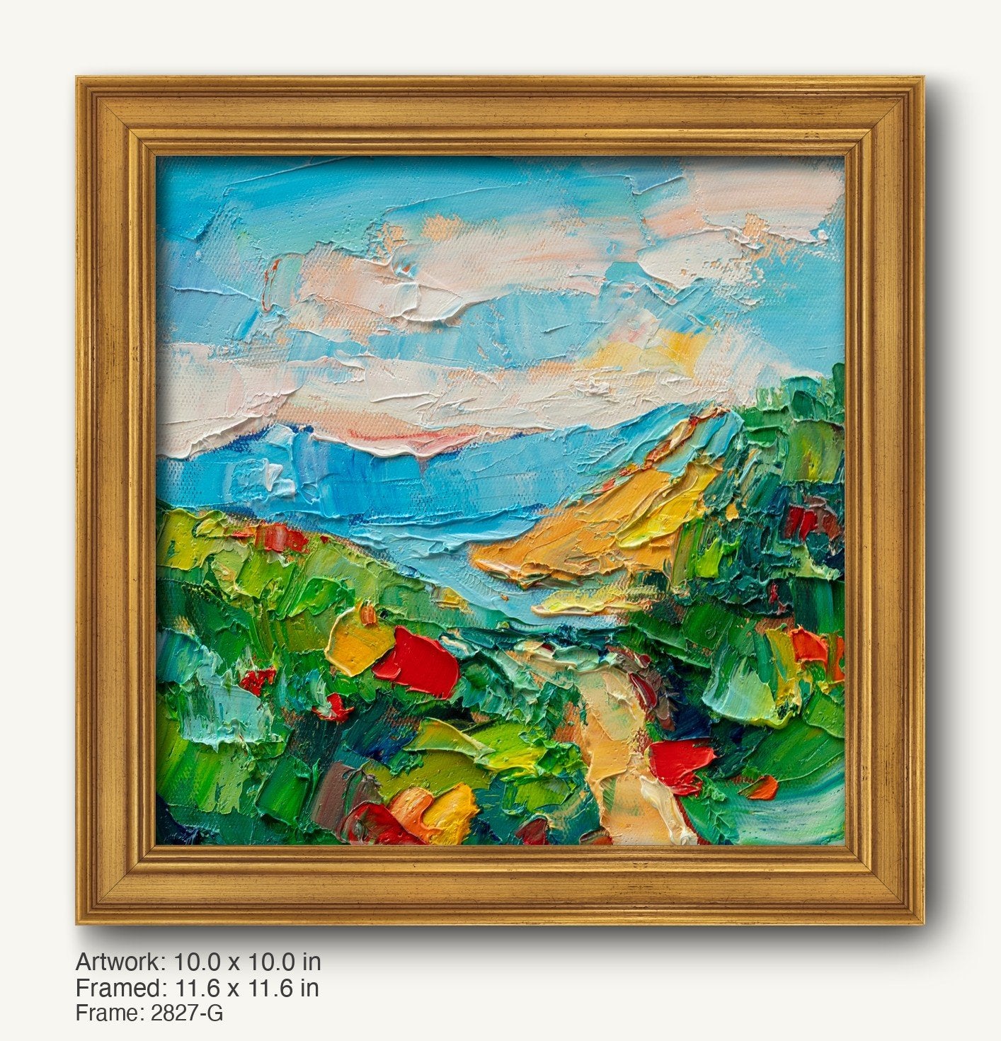 Abstract landscape oil painting in warm gold ornate frame, vibrant blues, greens, and yellows on canvas, textured brushwork, square composition