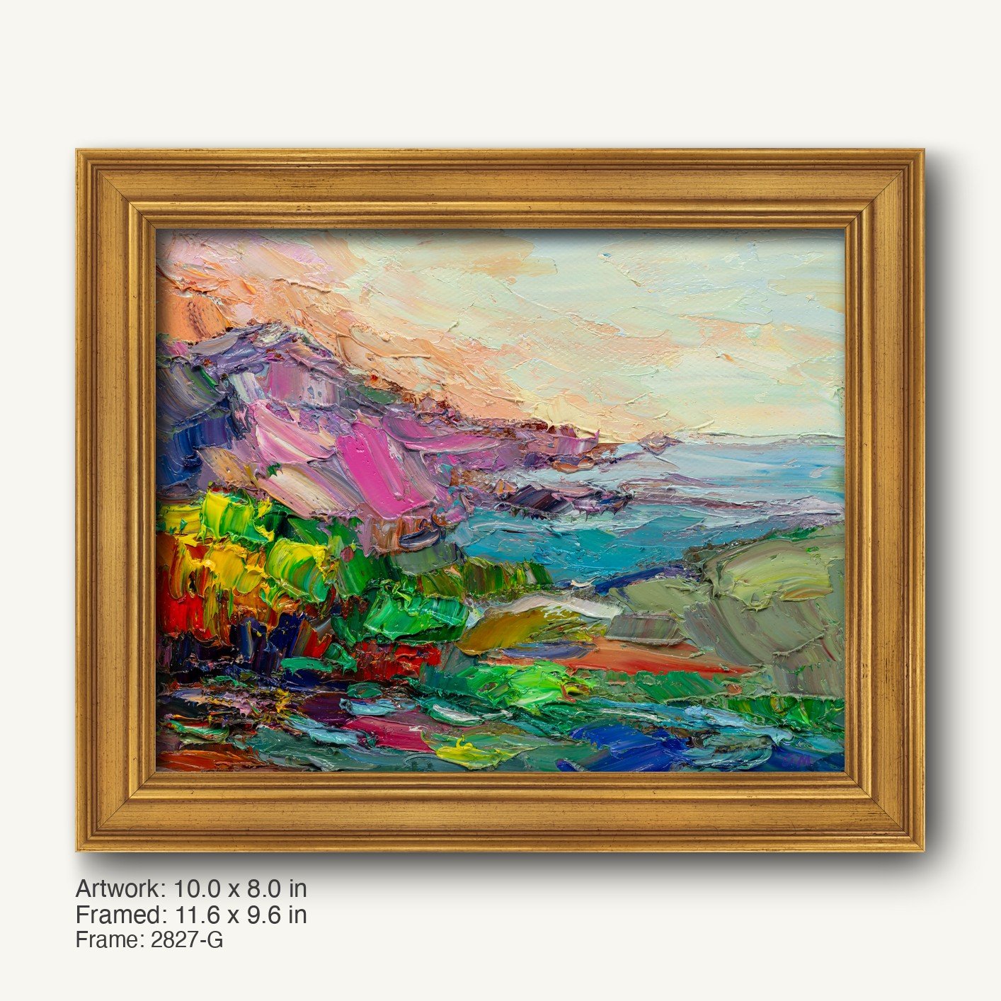 Abstract coastal landscape oil painting in warm gold ornate frame, horizontal composition with textured brushwork and vibrant blues, greens, and pinks
