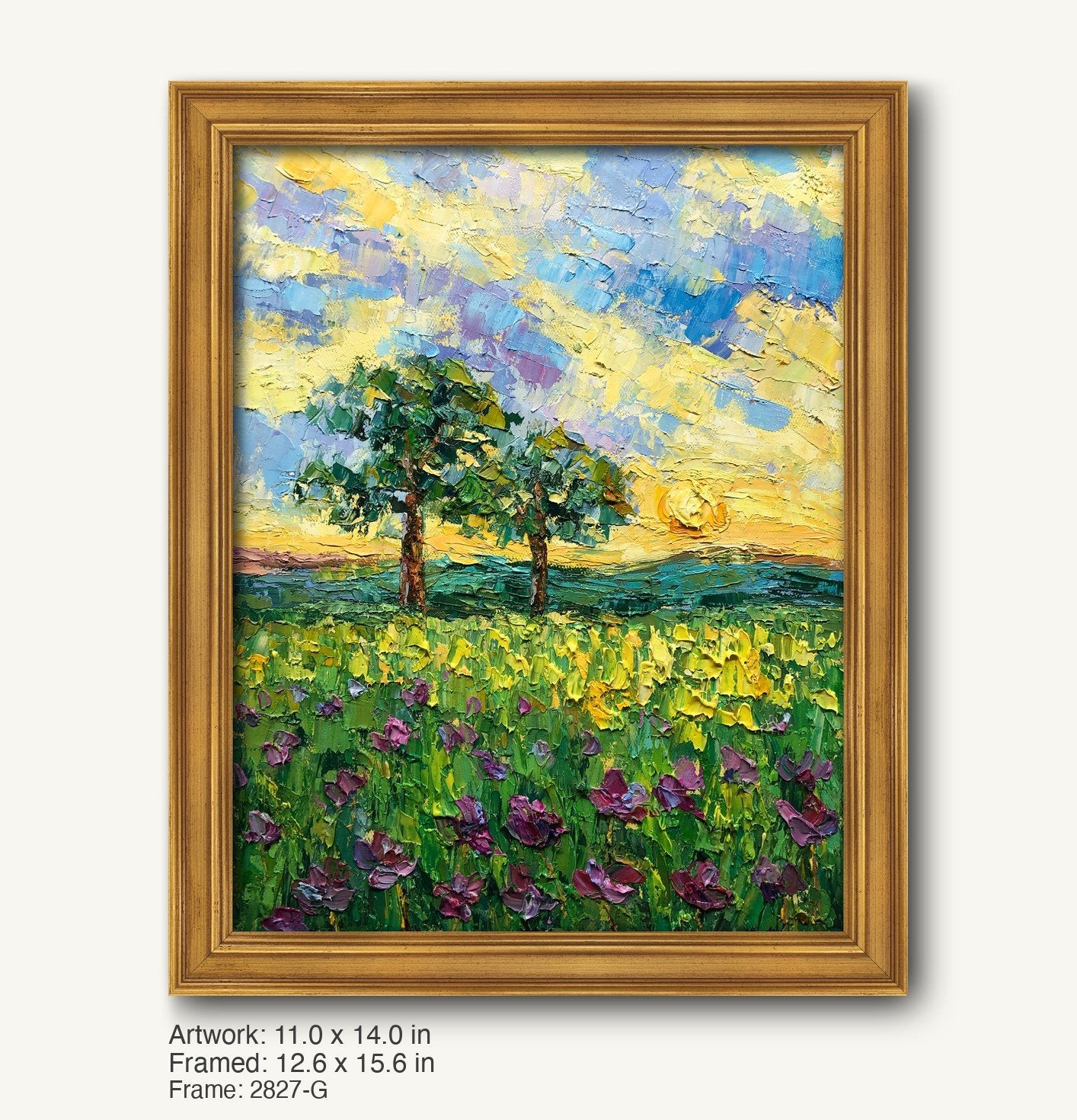 Hand-painted spring meadow landscape in warm gold ornate frame, vertical canvas with textured oil paint, vibrant greens, yellows, and purples under a dynamic sky