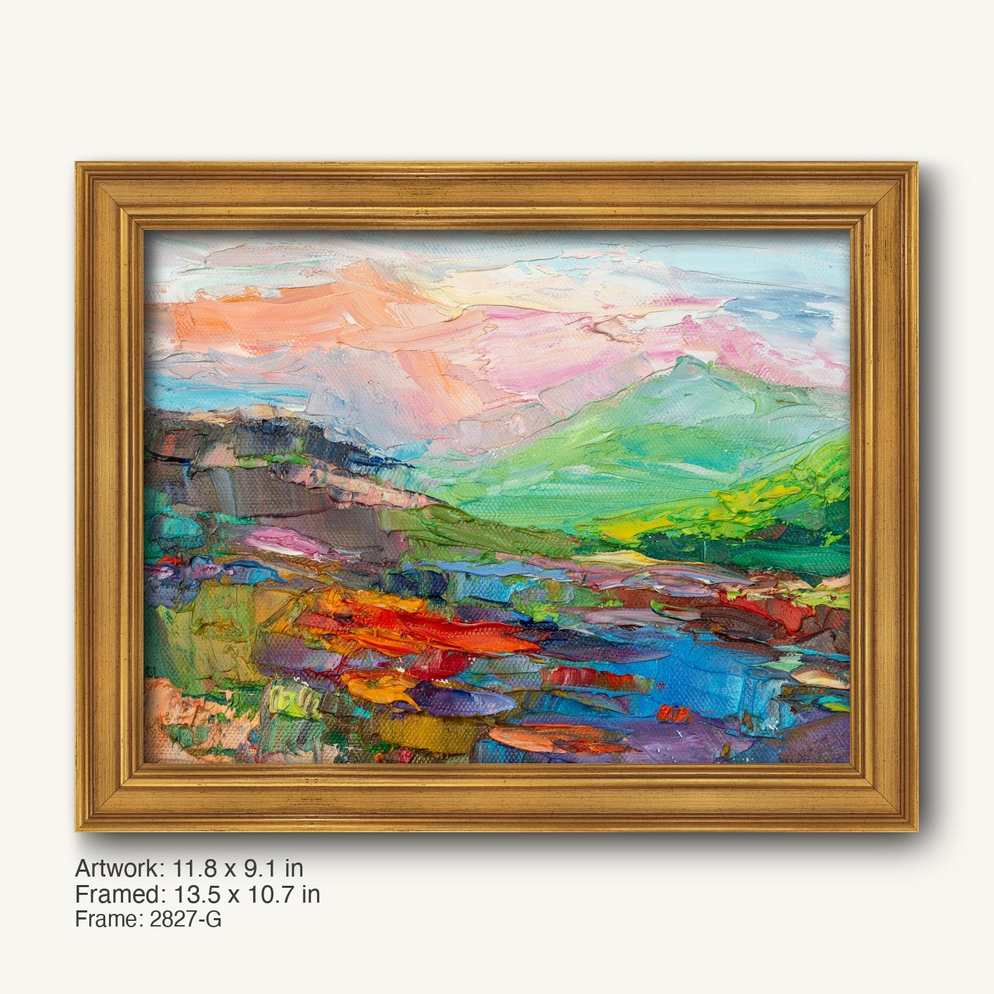 Expressive Mountain Vista by George Miller in a warm gold ornate frame, showcasing vibrant abstract landscape with textured oil brushwork on canvas