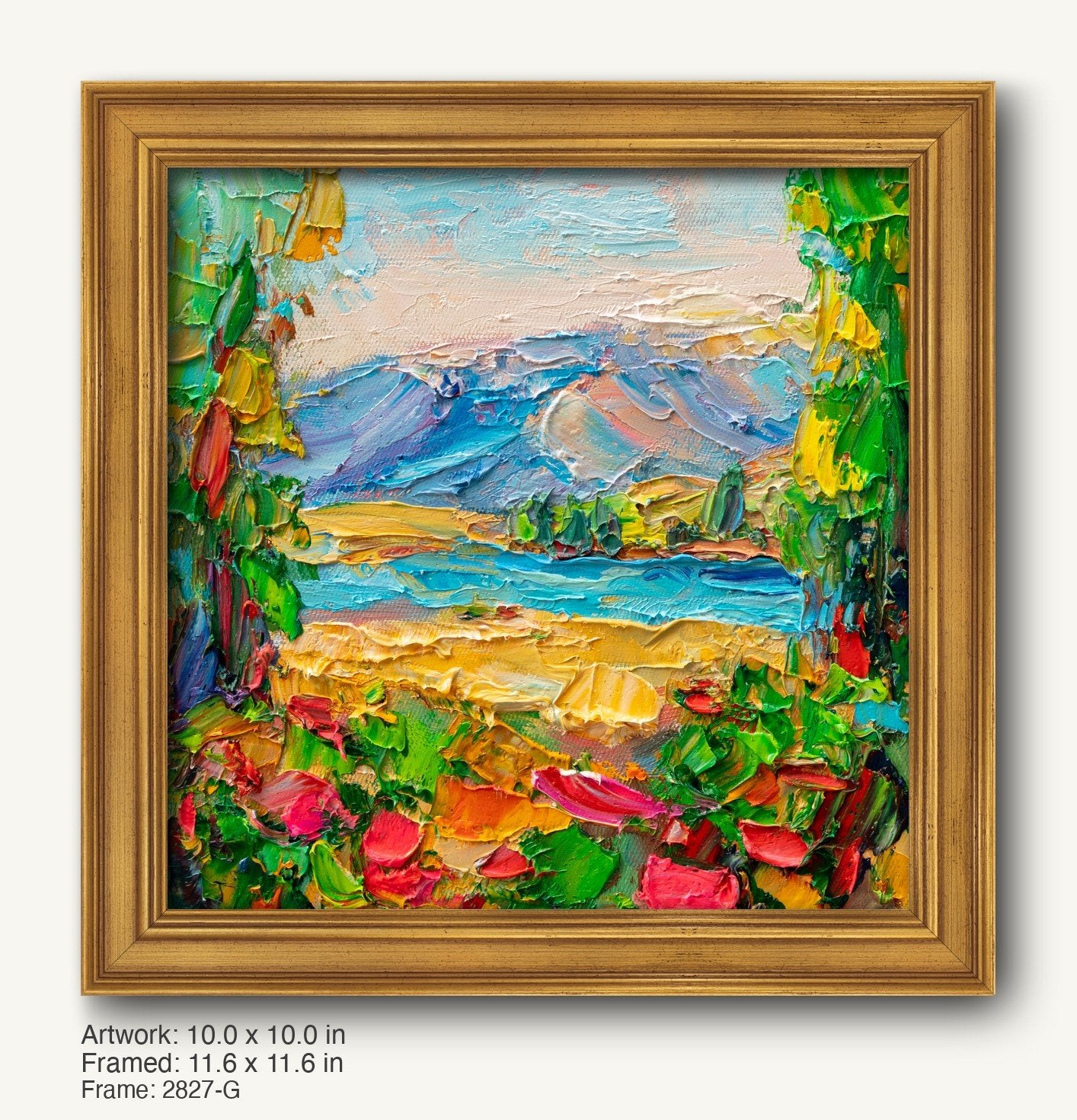 Hand-painted mountain lake scene in a warm gold ornate frame, vertical canvas with textured oil paint, vibrant blues, greens, and yellows, framed artwork displayed against white background