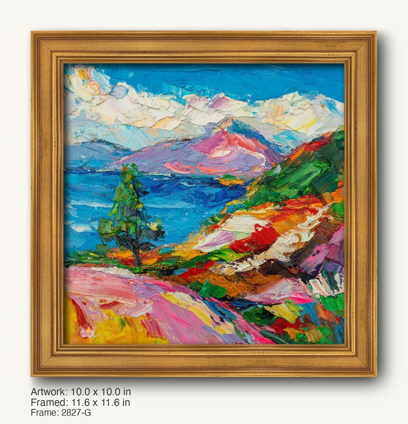 Vibrant oil painting of a mountain lake landscape in a warm gold ornate frame, featuring bold blues, greens, and reds with textured brushwork