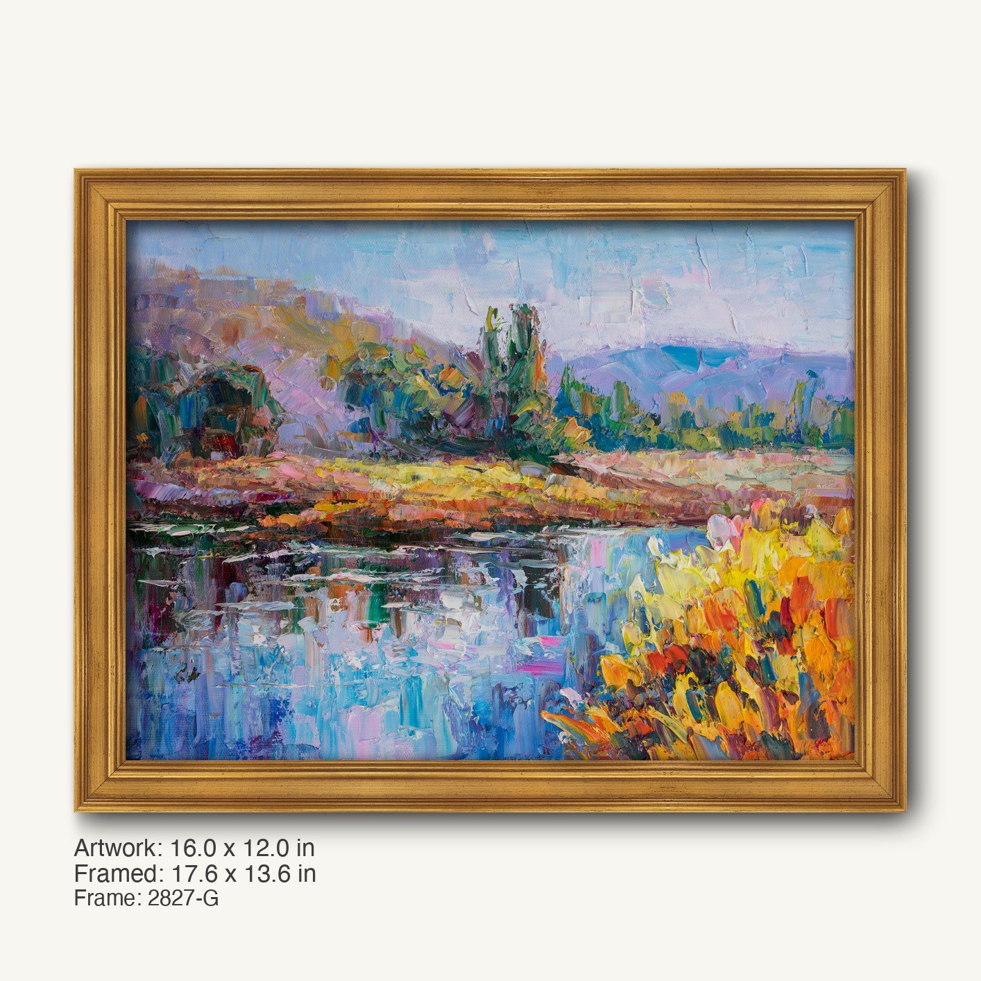 Impasto oil painting of a river landscape with vibrant reflections, framed in a warm gold ornate frame, horizontal composition on canvas