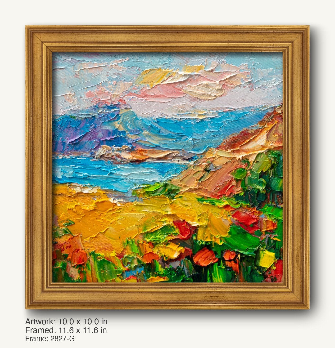 Hand-painted coastal sunset on canvas in a warm gold ornate frame, featuring textured oil brushwork with vibrant blues, yellows, and greens