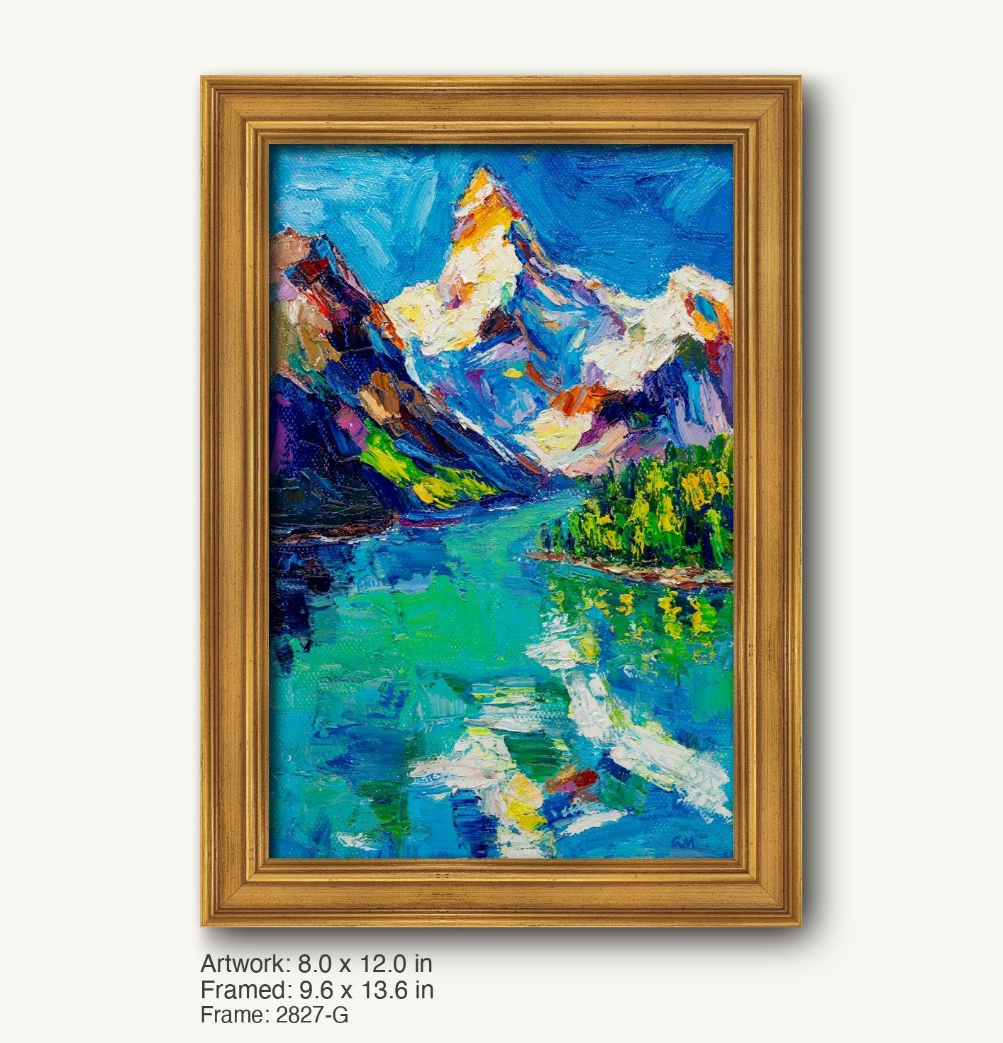 Hand-painted Alpine lake landscape in warm gold ornate frame, vertical composition with vibrant blue and green hues reflecting snowy peaks in calm water