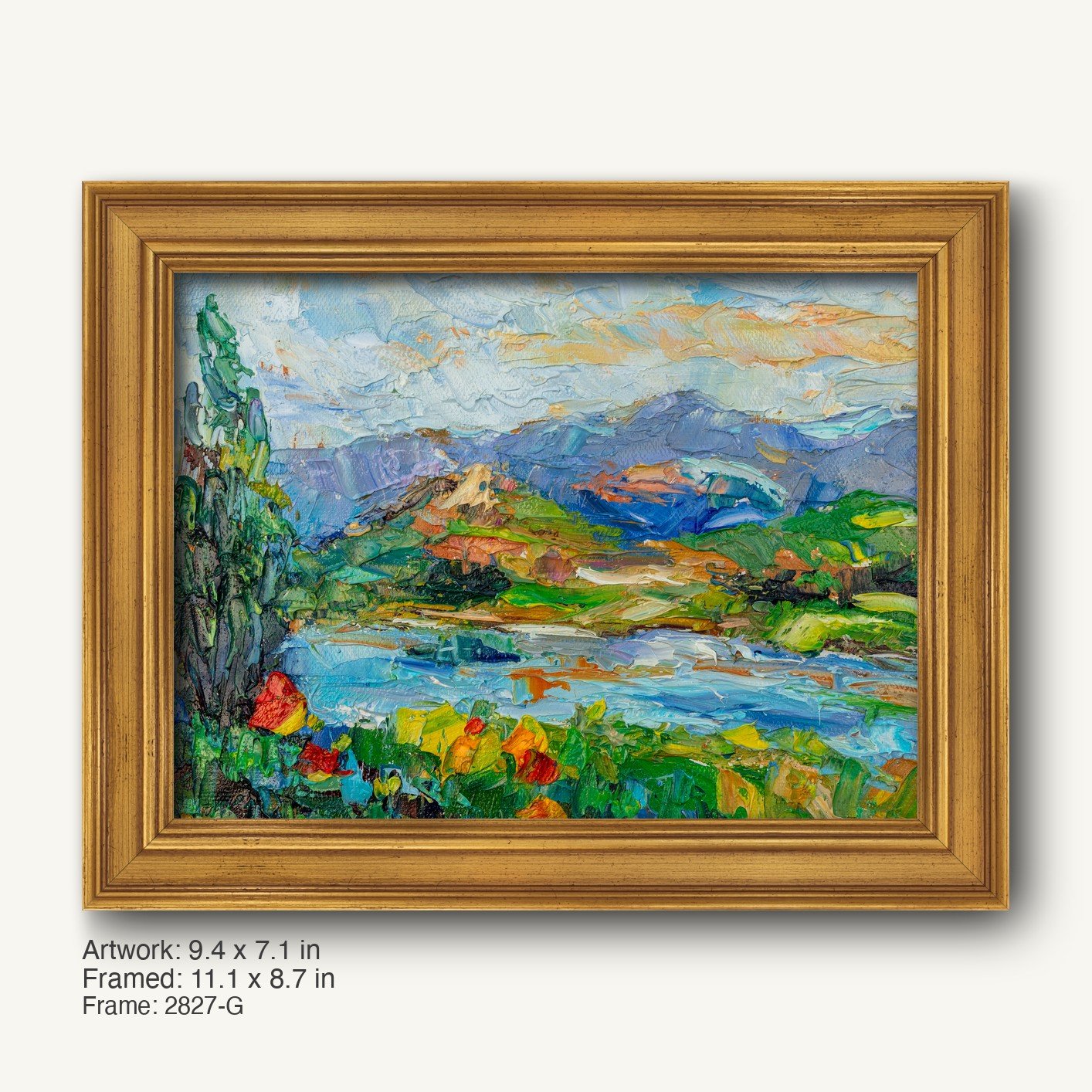 Impasto oil painting of a mountain river landscape in a warm gold ornate frame, featuring textured brushwork and vibrant blues, greens, and yellows