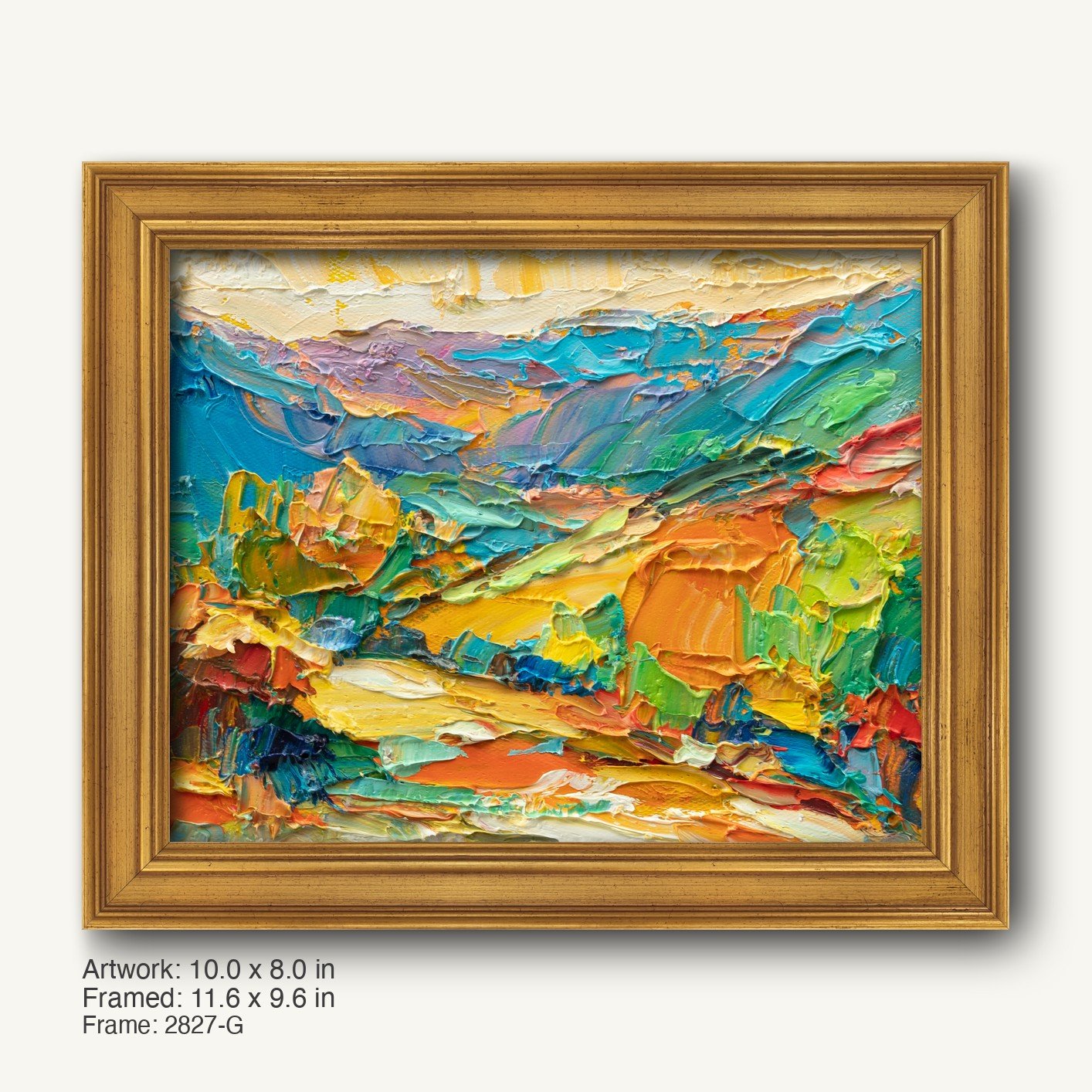 Hand-painted abstract landscape in warm gold ornate frame, vibrant oil colors on canvas, horizontal composition with textured brushwork