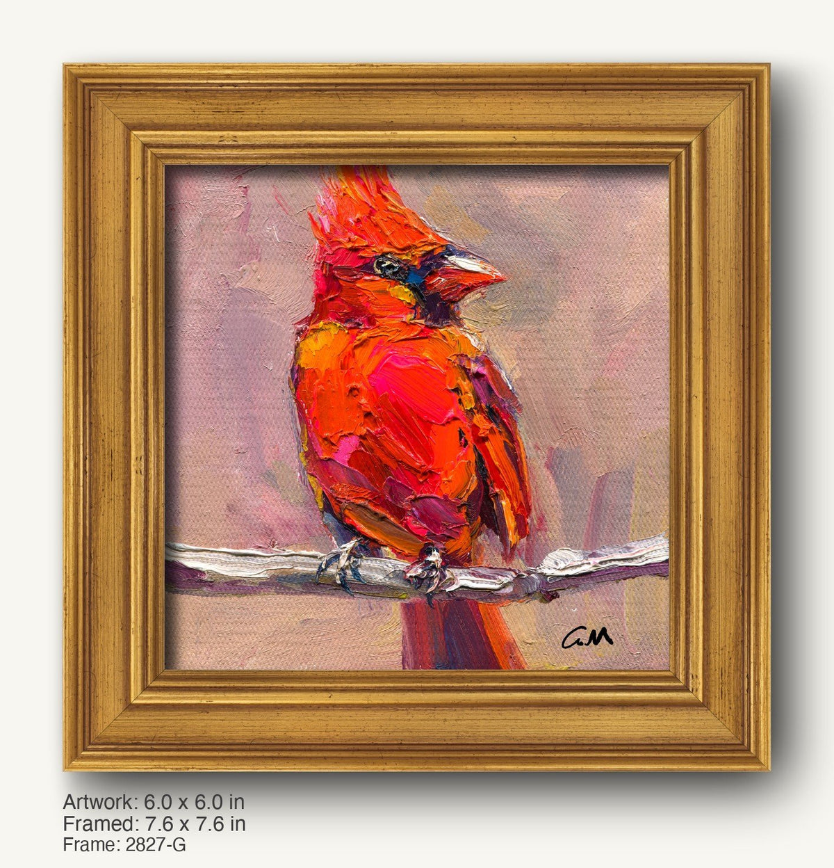 Vibrant red cardinal bird oil painting in warm gold ornate frame, textured brushwork on canvas, signed by artist