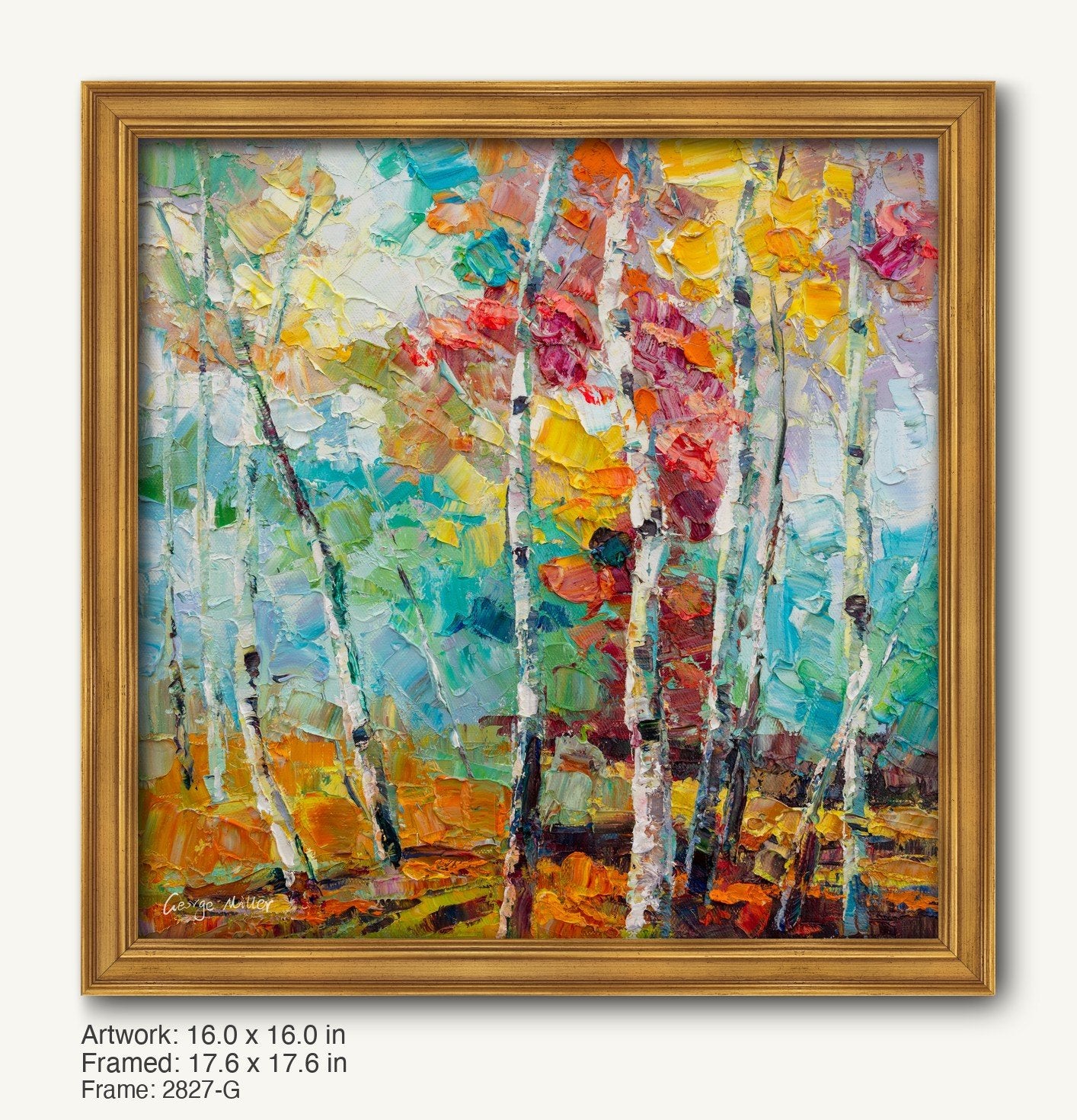 Colorful aspen trees in autumn light, painted in vibrant oil on canvas, displayed in a warm gold ornate frame with classic profile, enhancing the artwork's rich tones and texture.