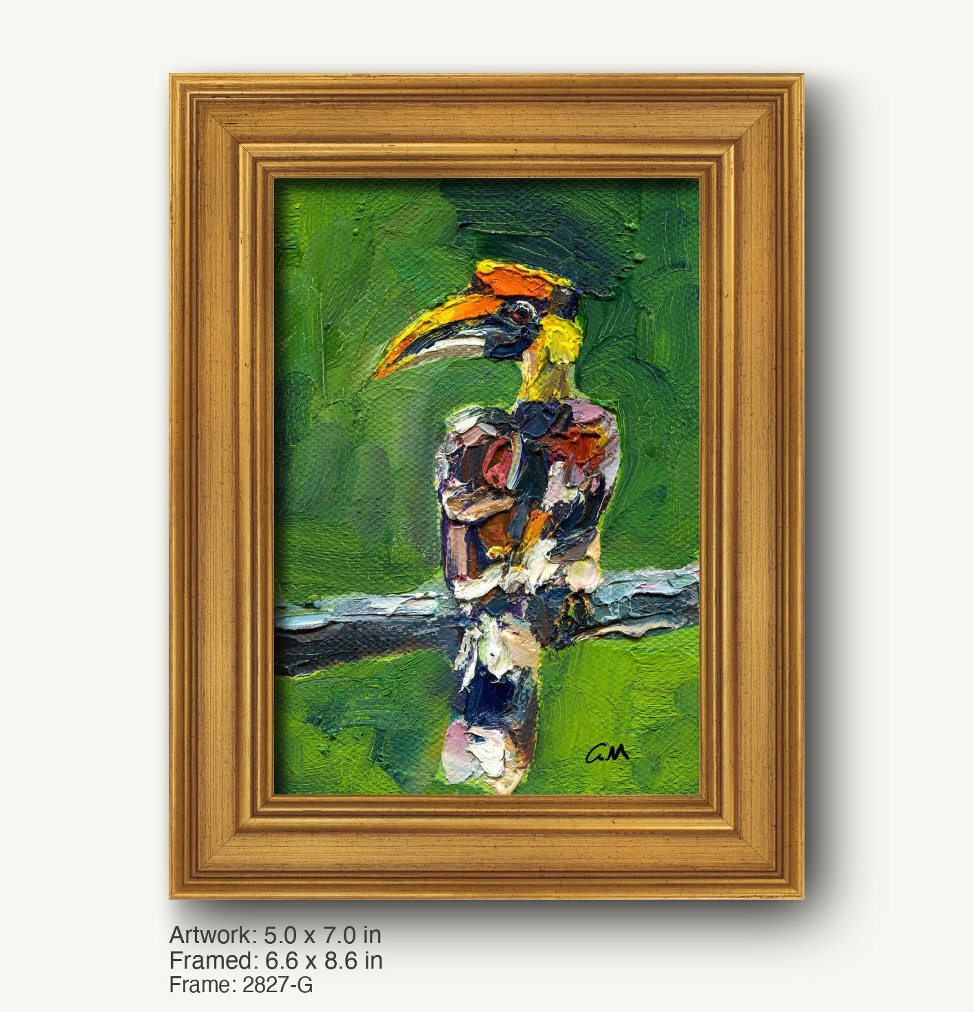 Vibrant oil painting of a toucan perched on a branch, set in a warm gold ornate frame with classic profile, showcasing textured jungle bird art on canvas