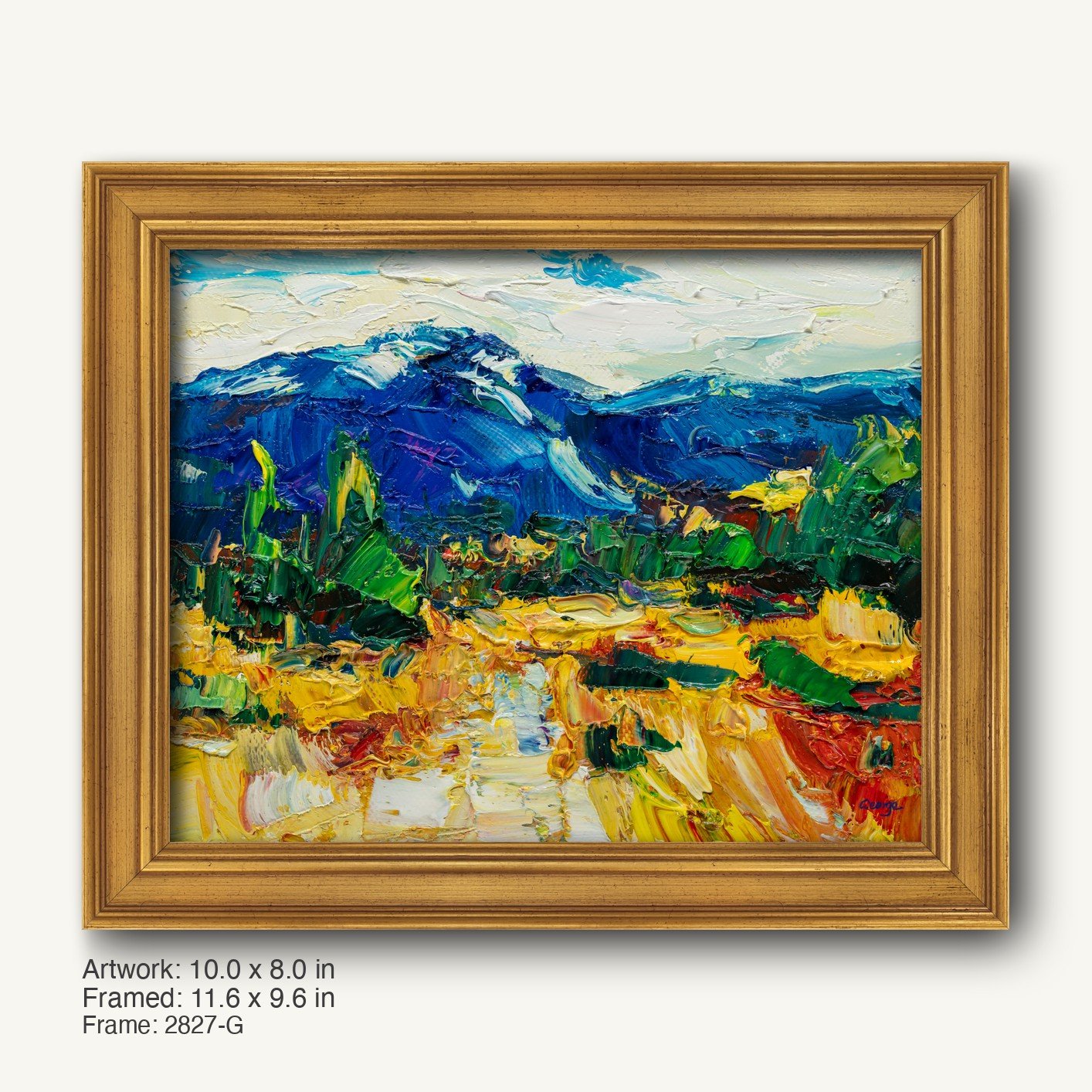 Palette Knife Mountain Landscape by Georgia in a warm gold ornate frame, featuring bold blue mountains, vibrant green trees, and golden fields with textured oil paint strokes.