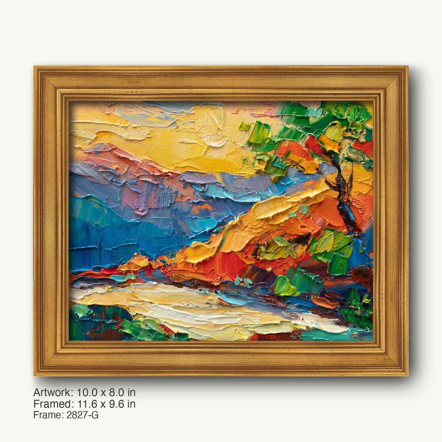 Expressive landscape oil painting by George Miller in a warm gold ornate frame, featuring bold brushstrokes of blue, yellow, green, red, and orange on canvas