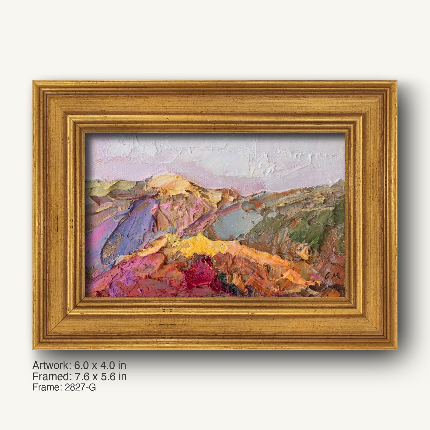 Abstract mountain landscape oil painting in warm gold ornate frame, vibrant red, yellow, purple, and green hues on canvas, horizontal composition