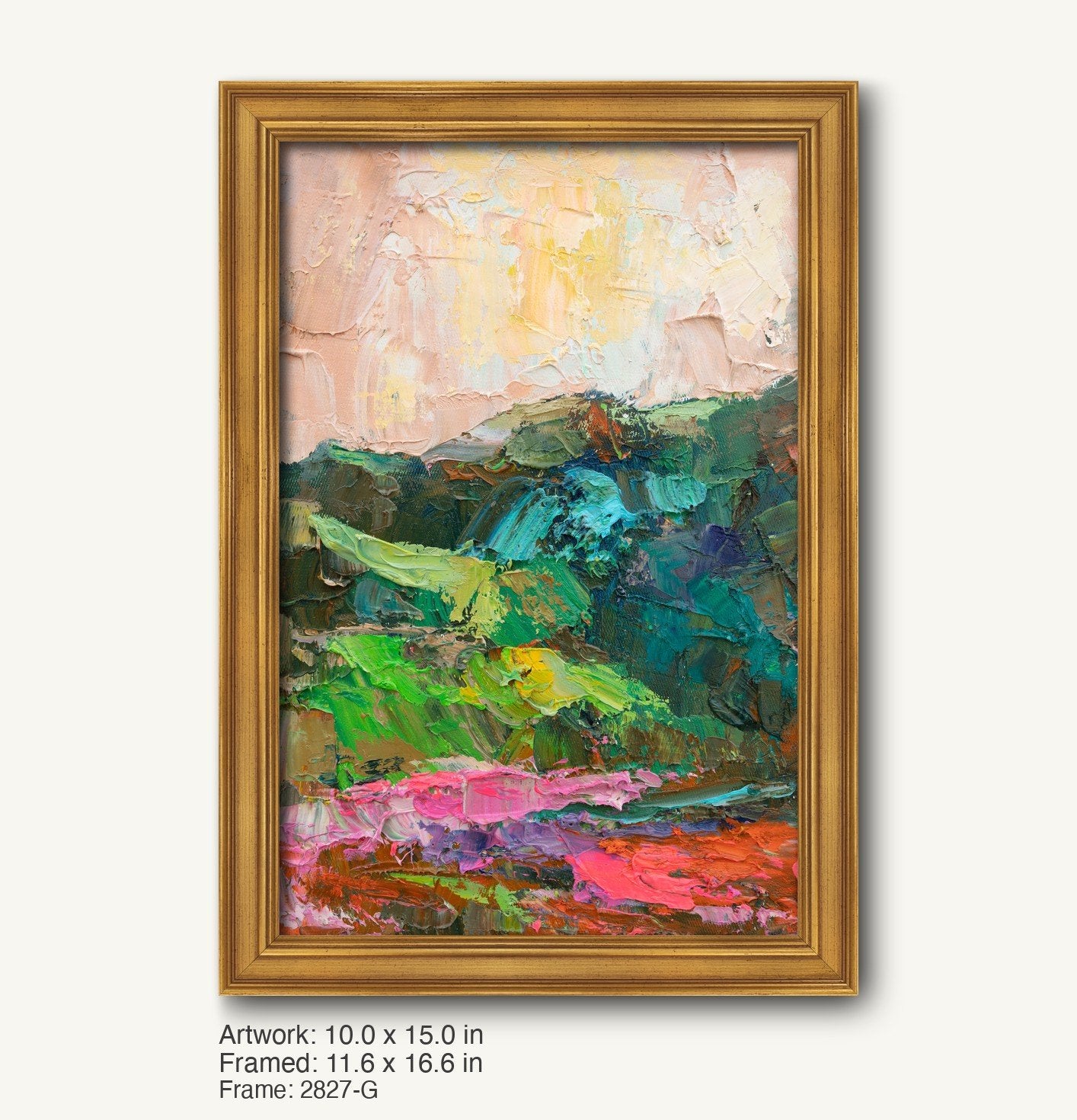 Vertical oil painting of a vibrant mountain landscape with textured green, pink, and yellow hues, displayed in a warm gold ornate frame with classic profile